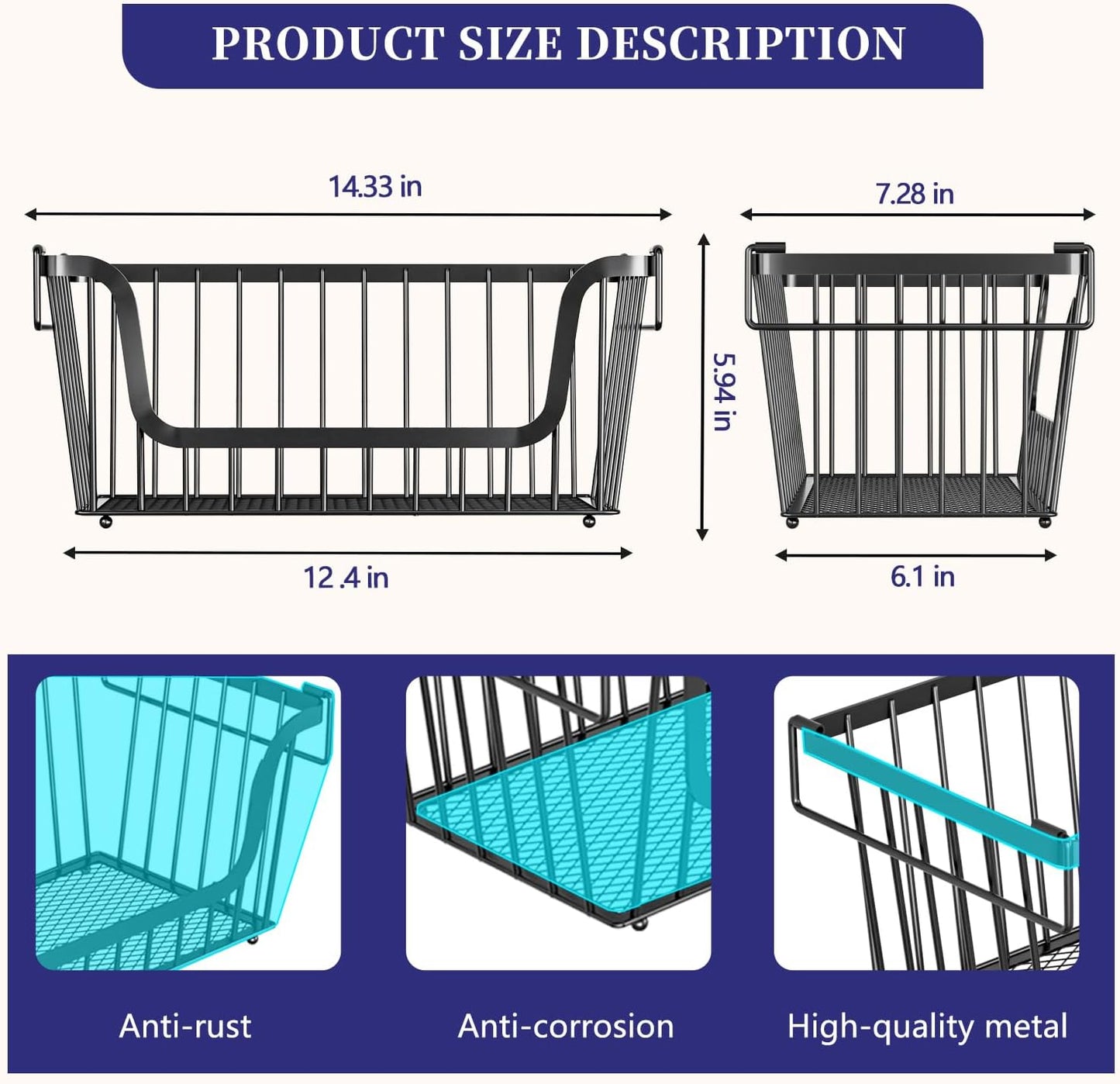 4 Pack Enhanced Leak-Proof Bottom Stackable Wire Baskets, Pantry Organizers and Storage