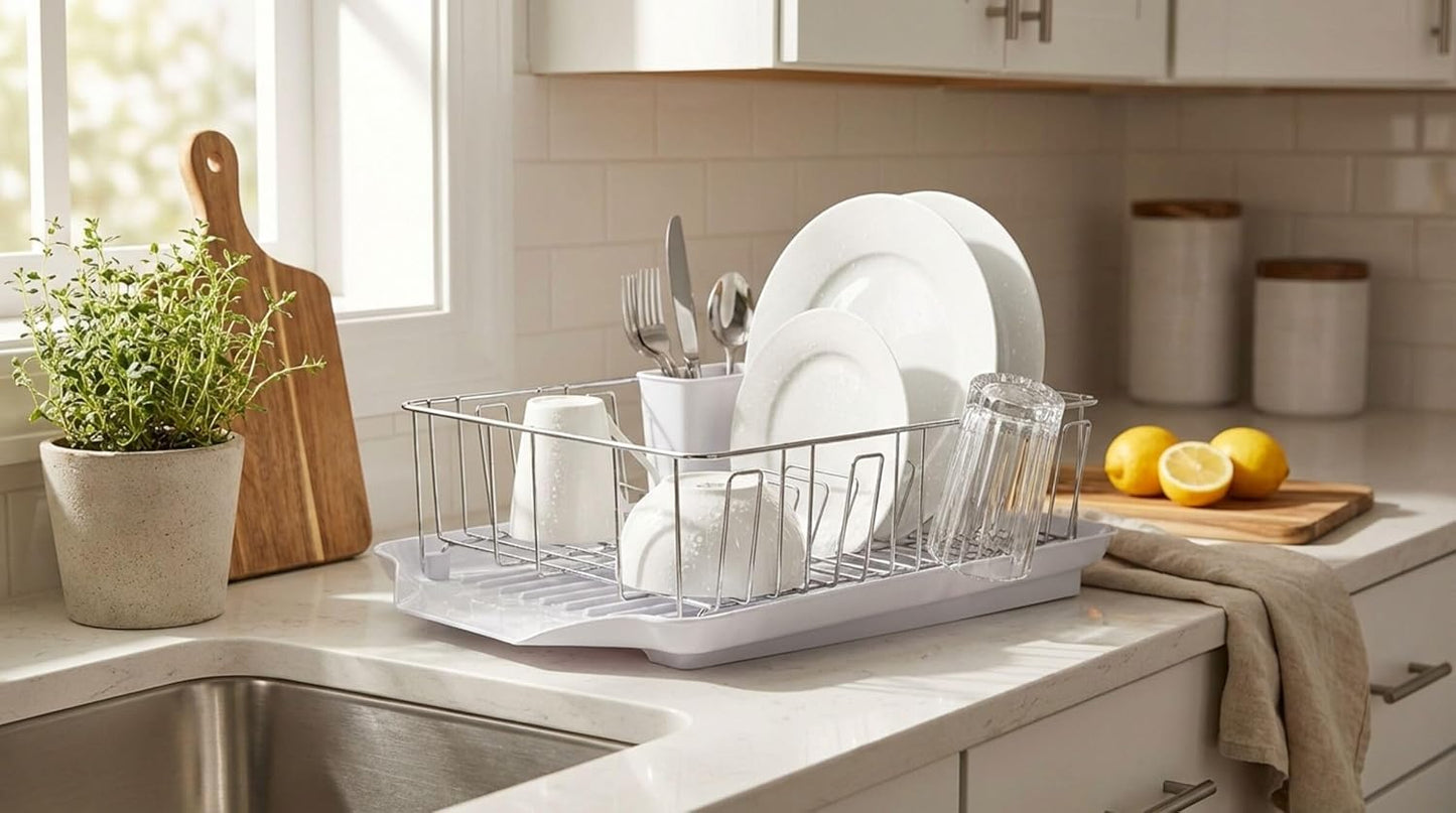 Classic Large Rust Resistant Full Dishrack with Removable 3 Compartment Flatware Caddy