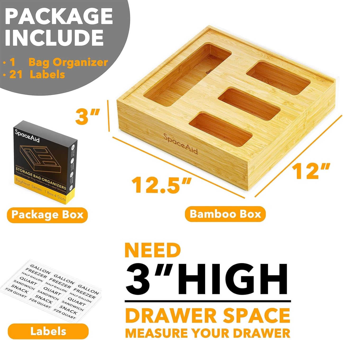 Bag Storage Organizer for Kitchen Drawer, Bamboo Organizer, Compatible with Gallon, Quart