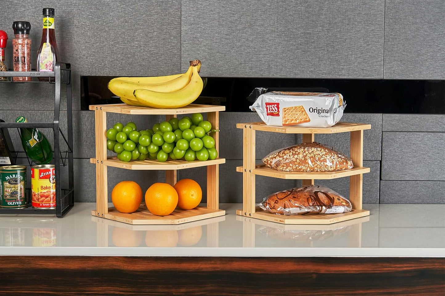 Plate Organizer for Cabinet, Bamboo Corner Shelf, Dish & Bread Organizer, Spice Rack