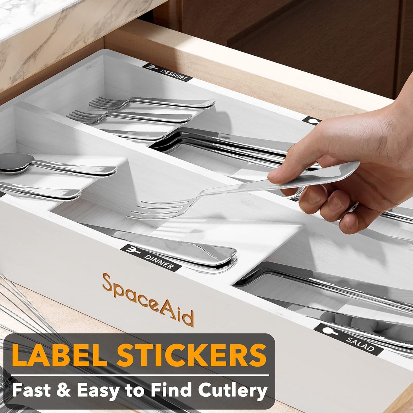 Bamboo Silverware Drawer Organizer with Labels, Kitchen Utensil Tray Holder Organizer for Flatware