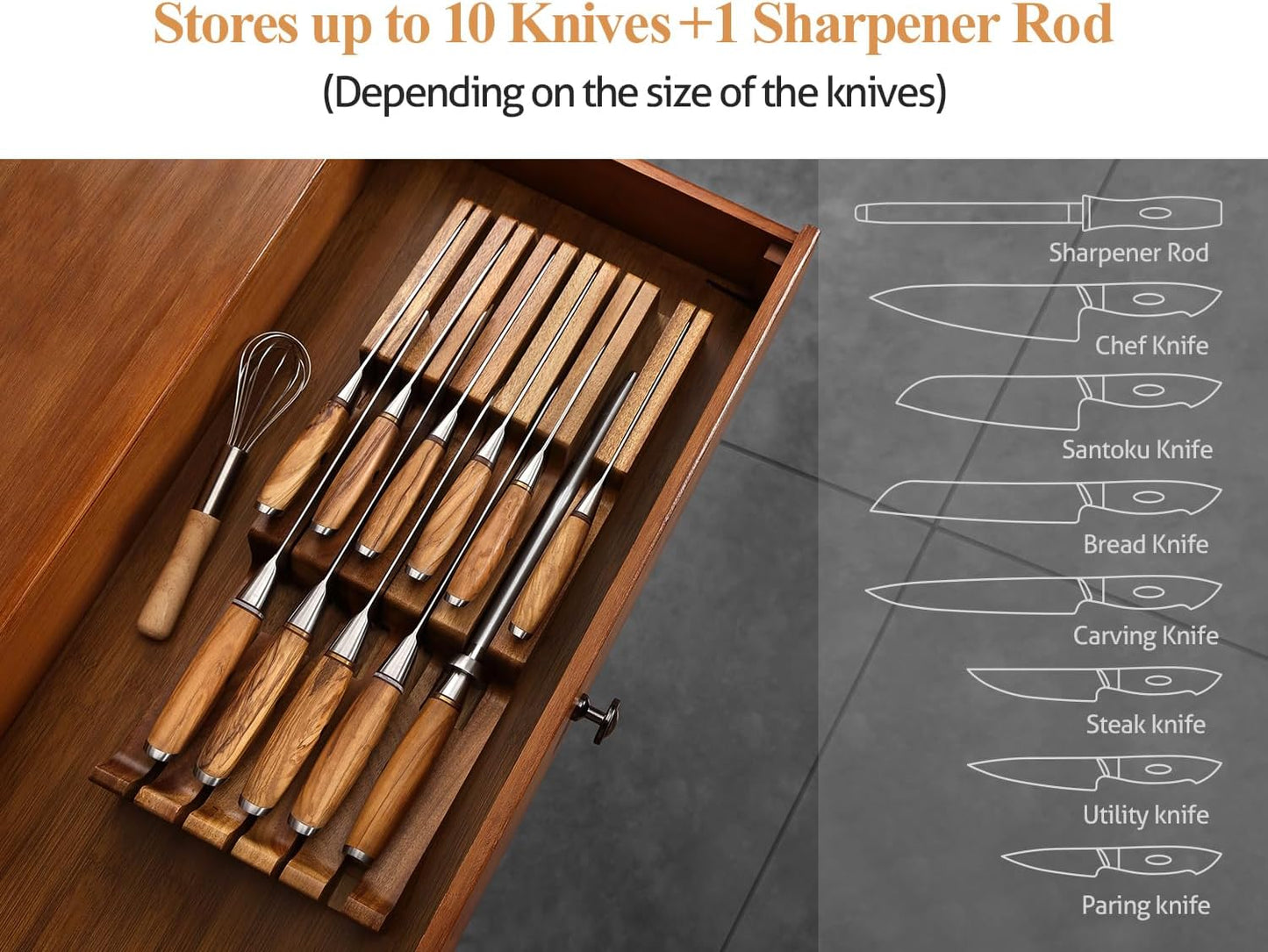 In-drawer Knife Block, Natural Acacia Knife Drawer Oganizer, Insert-Kitchen Storage Holder