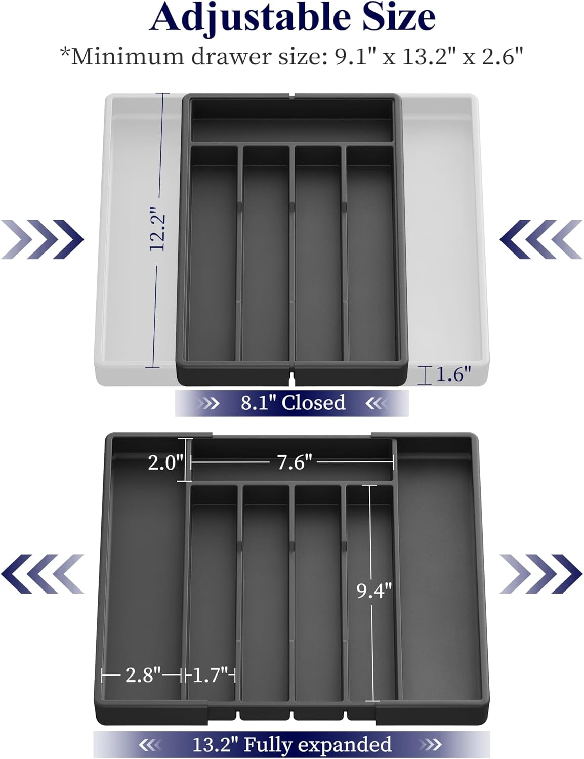 Silverware Organizer for Drawers - Expandable Cutlery and Utensil Drawer Organizer with Easy Maintenance, Premium PP Kitchen Organizers and Storage for Flatware, Black, 13.2" x 12.2" x 1.6"