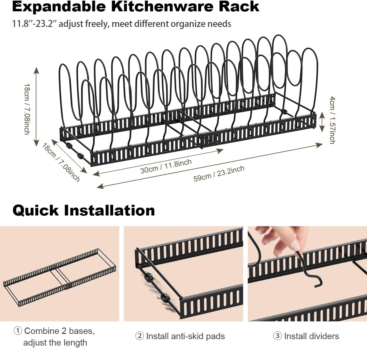 Pot and Pan Organizer Rack for Cabinet, Expandable Pot Lid Organizer Holder with 14 Adjustable Dividers, Fully Expanded Size 22.83" W x 7.09" D x 7.09" H, Black