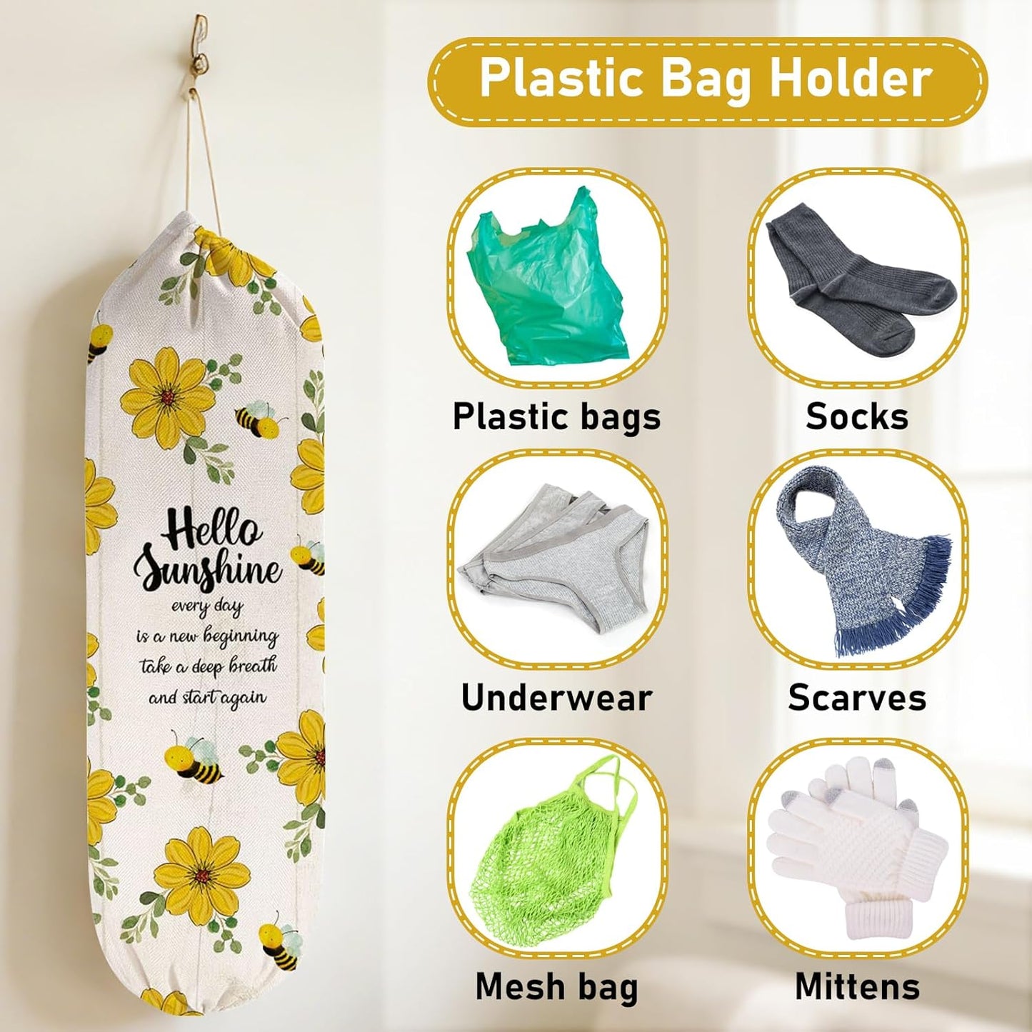 2Pcs Sunflower Plastic Bag Holder for Kitchen Essentials, Reusable Hanging Grocery Bag Organizer