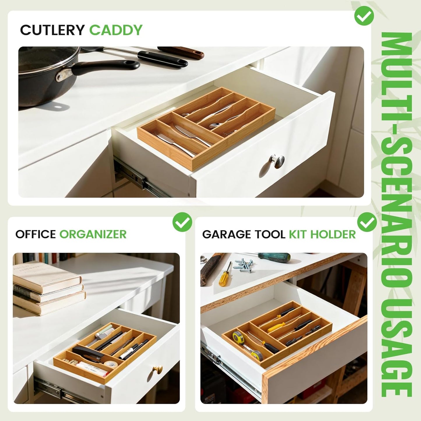 Bamboo Silverware Organizer, Bamboo Kitchen Drawer Cutlery Organizer, Utensil Holder
