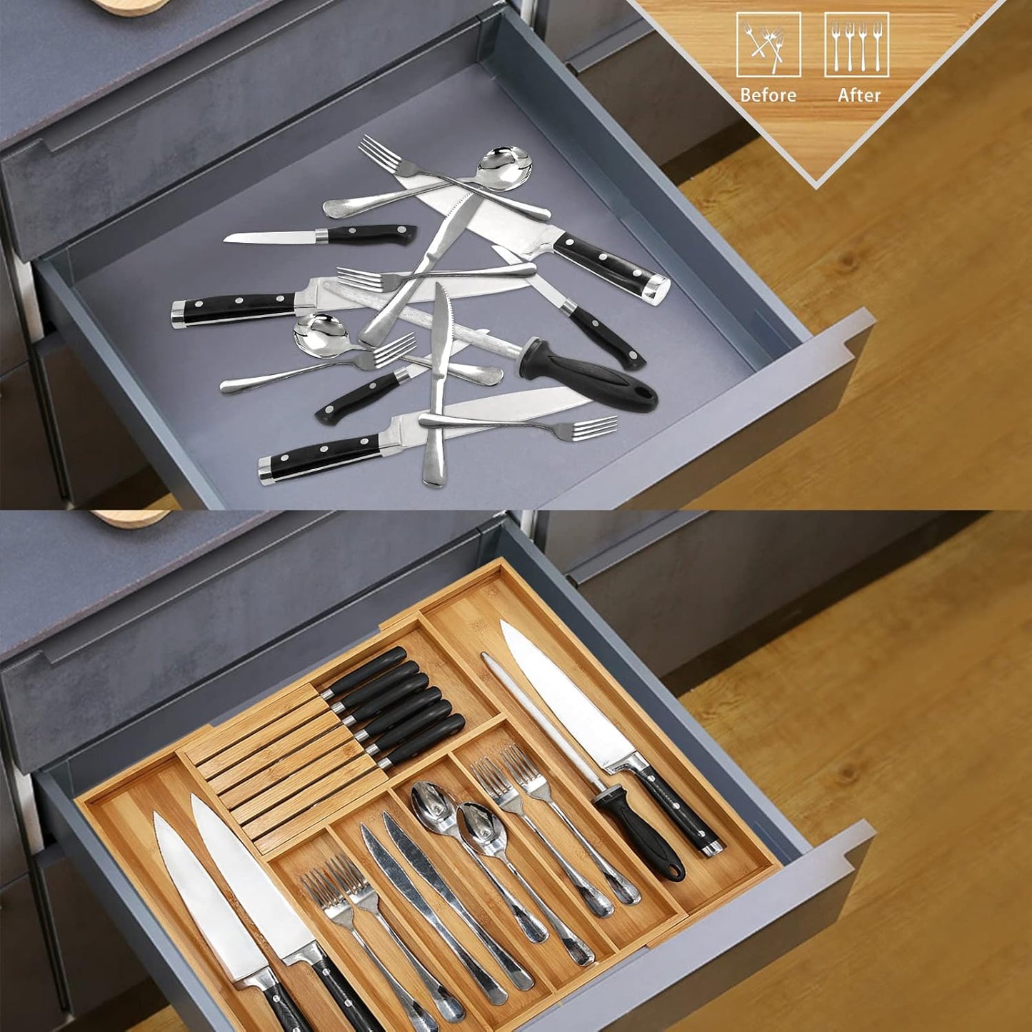 Bamboo Silverware Drawer Organizer Kitchen, Expandable Utensil Organizer with Knife Block