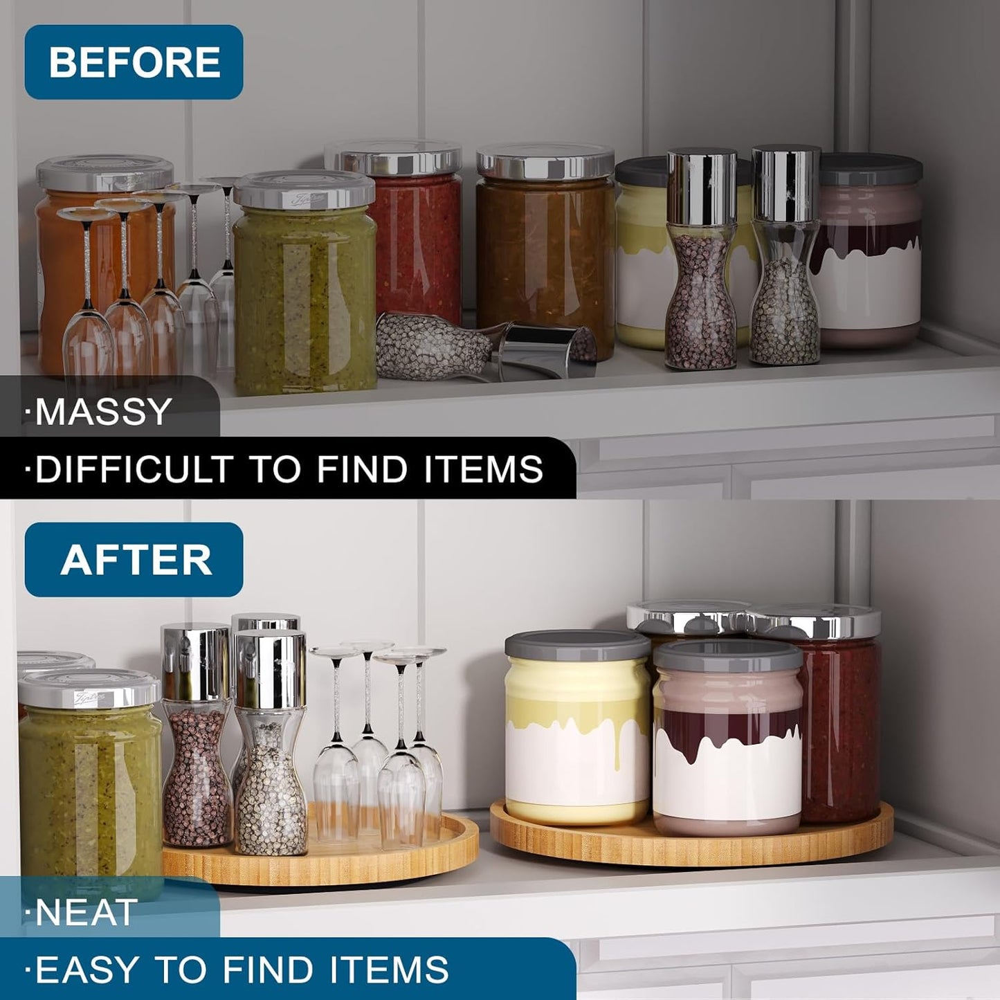 Lazy Susan Organizer for Kitchen,Bamboo Turntable for Cabinet,Pantry,Vanity,Middle(Natural)
