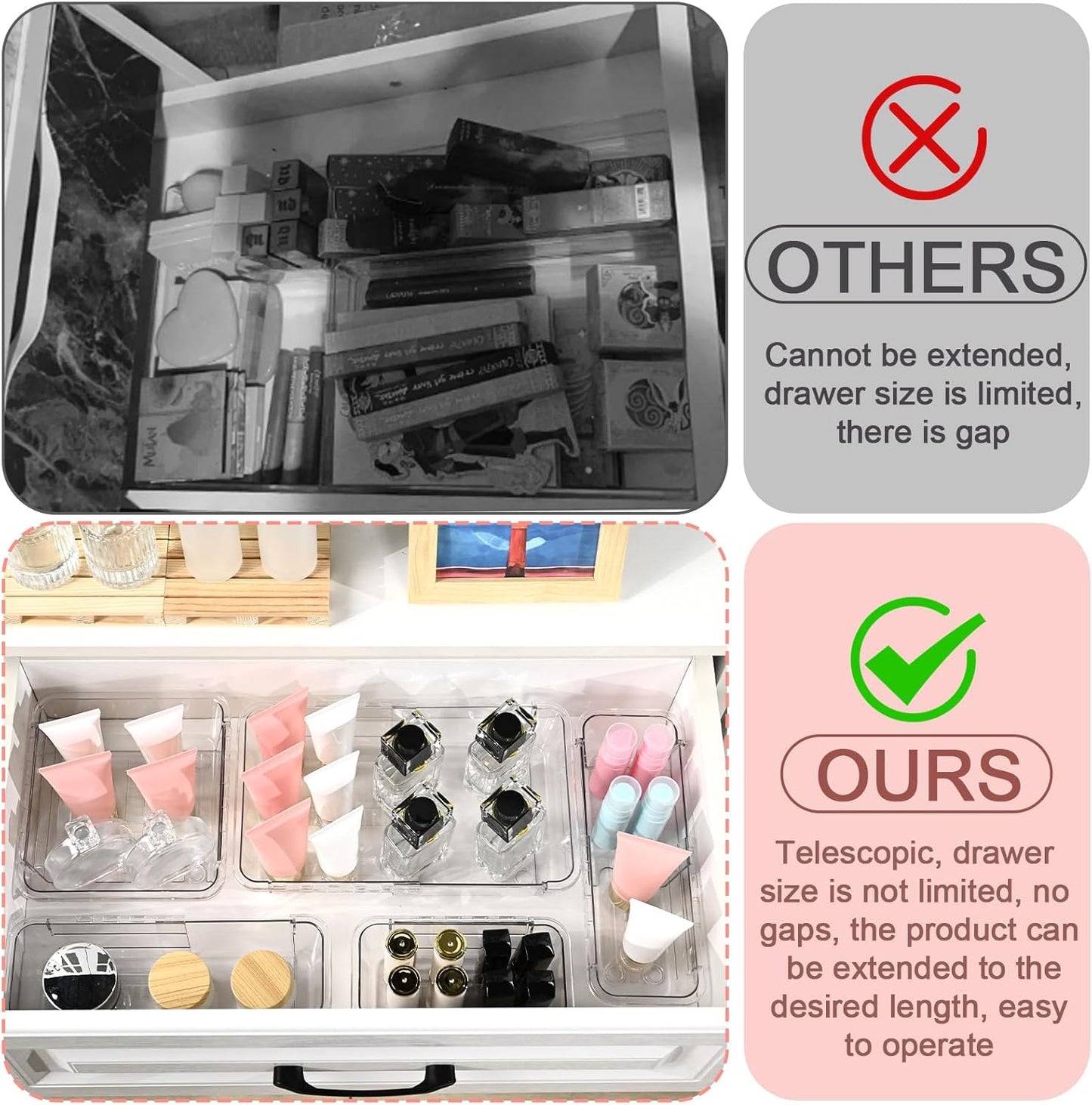 15 Pcs Extendable Clear Drawer Organizer, All Adjustable Vanity Storage Box