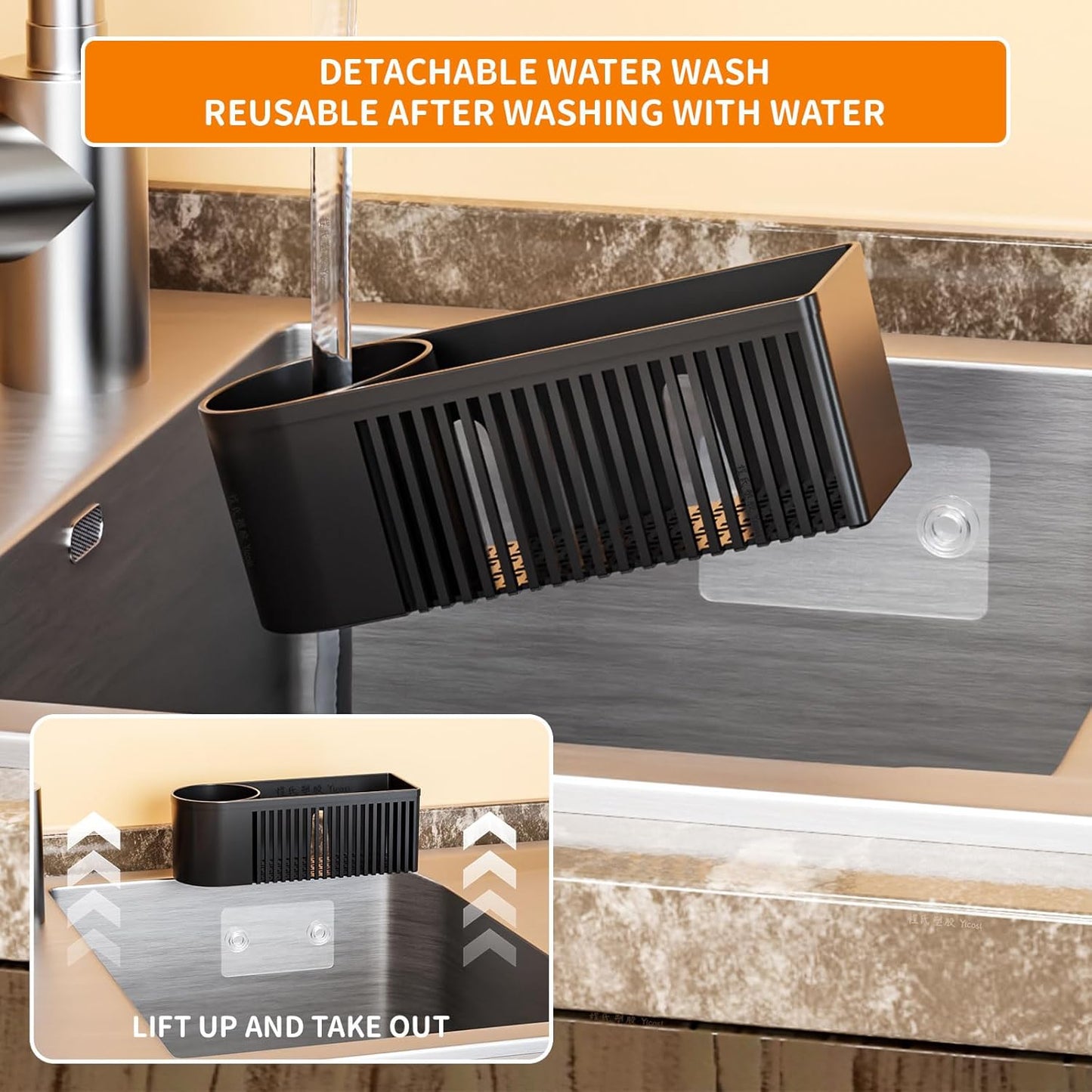 Rustproof Sponge Holder for Kitchen Sink,2-in-1 Dish Wand Holder with Suction Cup and Adhesive for Scrub Brush,Scrubber,Dish Sponge,Spinge Holder,In Sink Organizer & Basket Accessories,Plastic