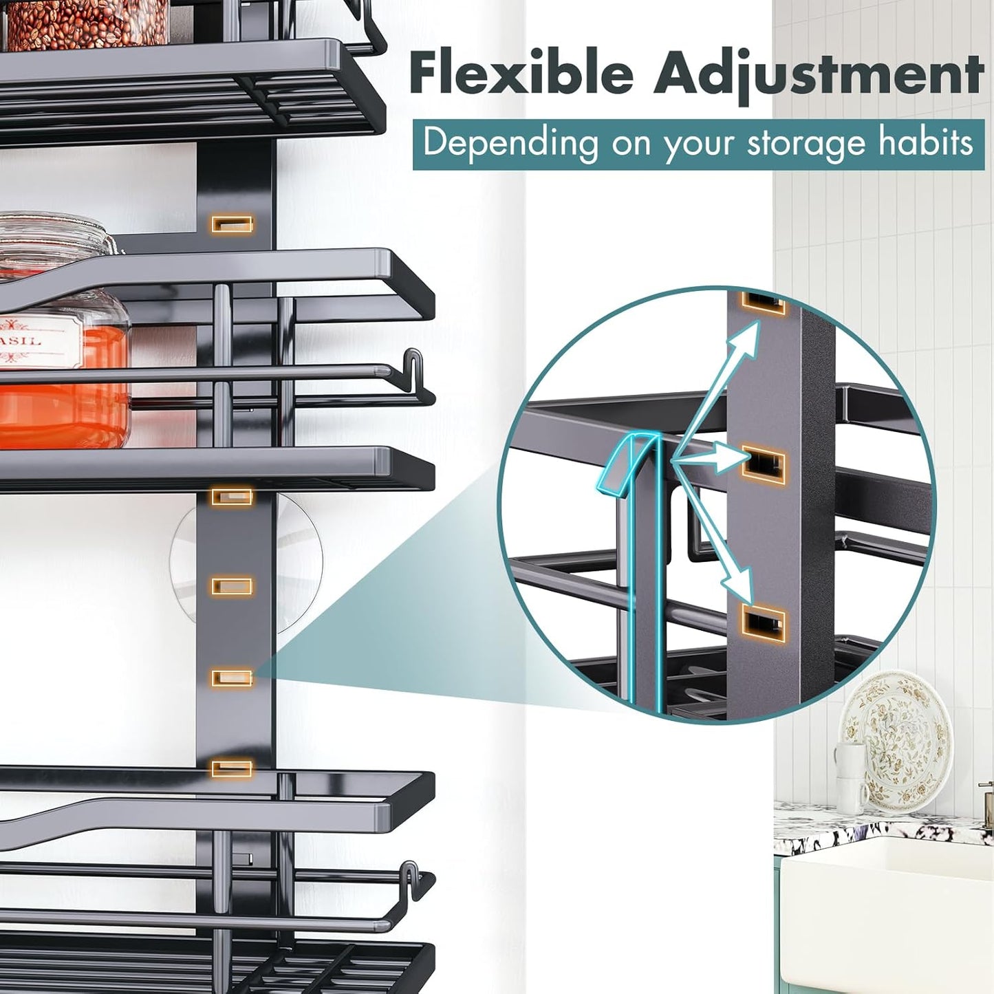 Over The Door Pantry Organizer,9-Tier Over The Door Organizer with Adjustable Basket,Metal Hanging Pantry Organizers and Storage for Kitchen, Back of Door Seasoning Rack (Black)