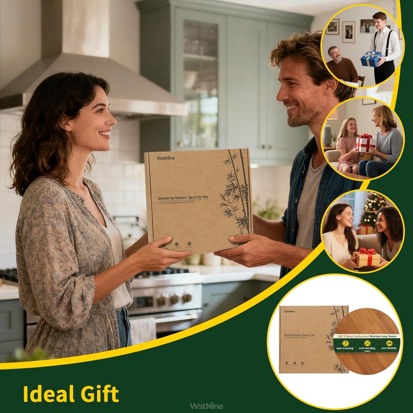 11'' Bamboo Wood Lazy Susan Organizer, Lazy Susan for Cabinet Table Top Countertop Pantry Kitchen Spice Rack, Deep Carbonized Bamboo, Turntable Organizer, Large Spin Base, Rotating Tray No Slip