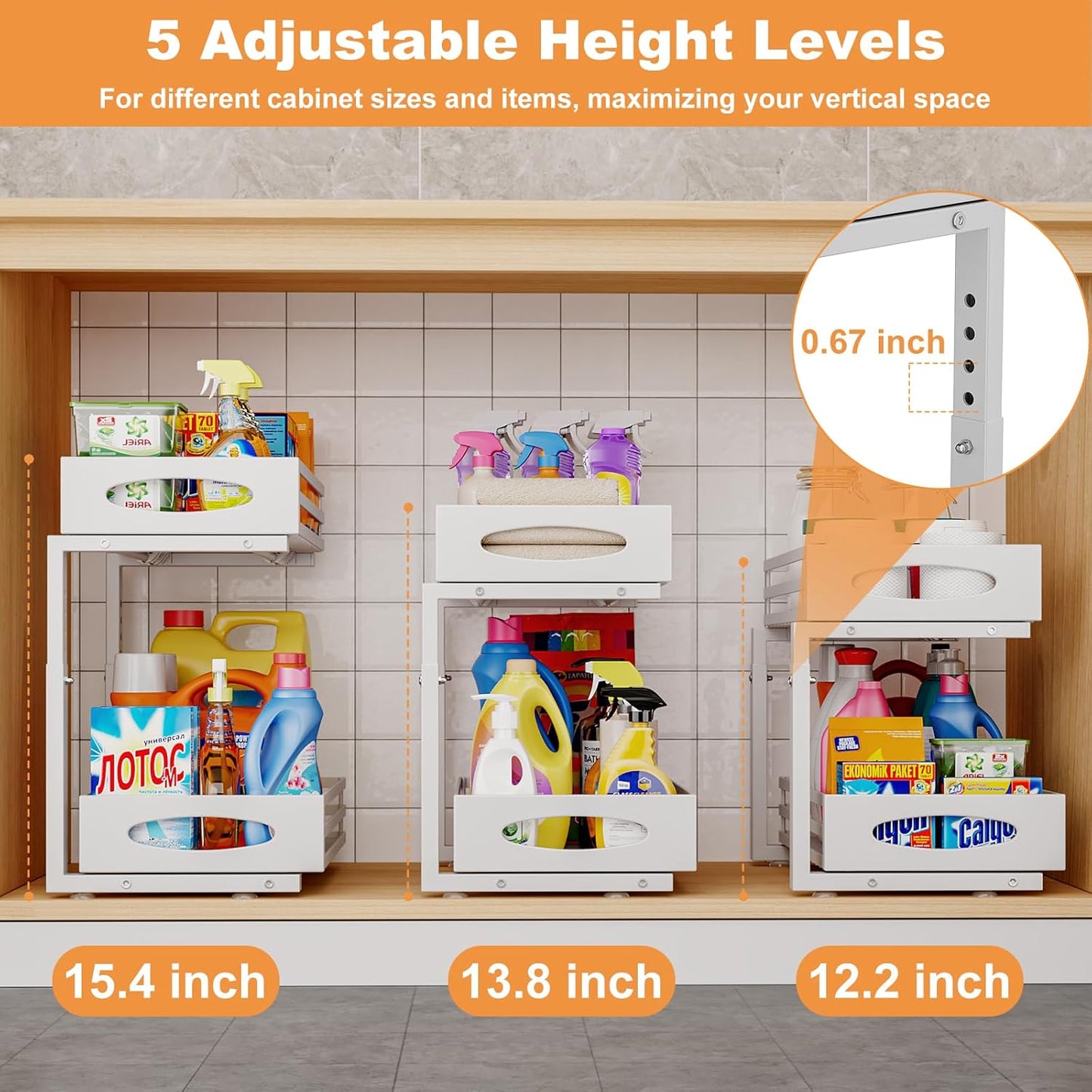 Under Sink Organizer, 2 Tier Under Sink Organizers and Storage, Adjustable Height