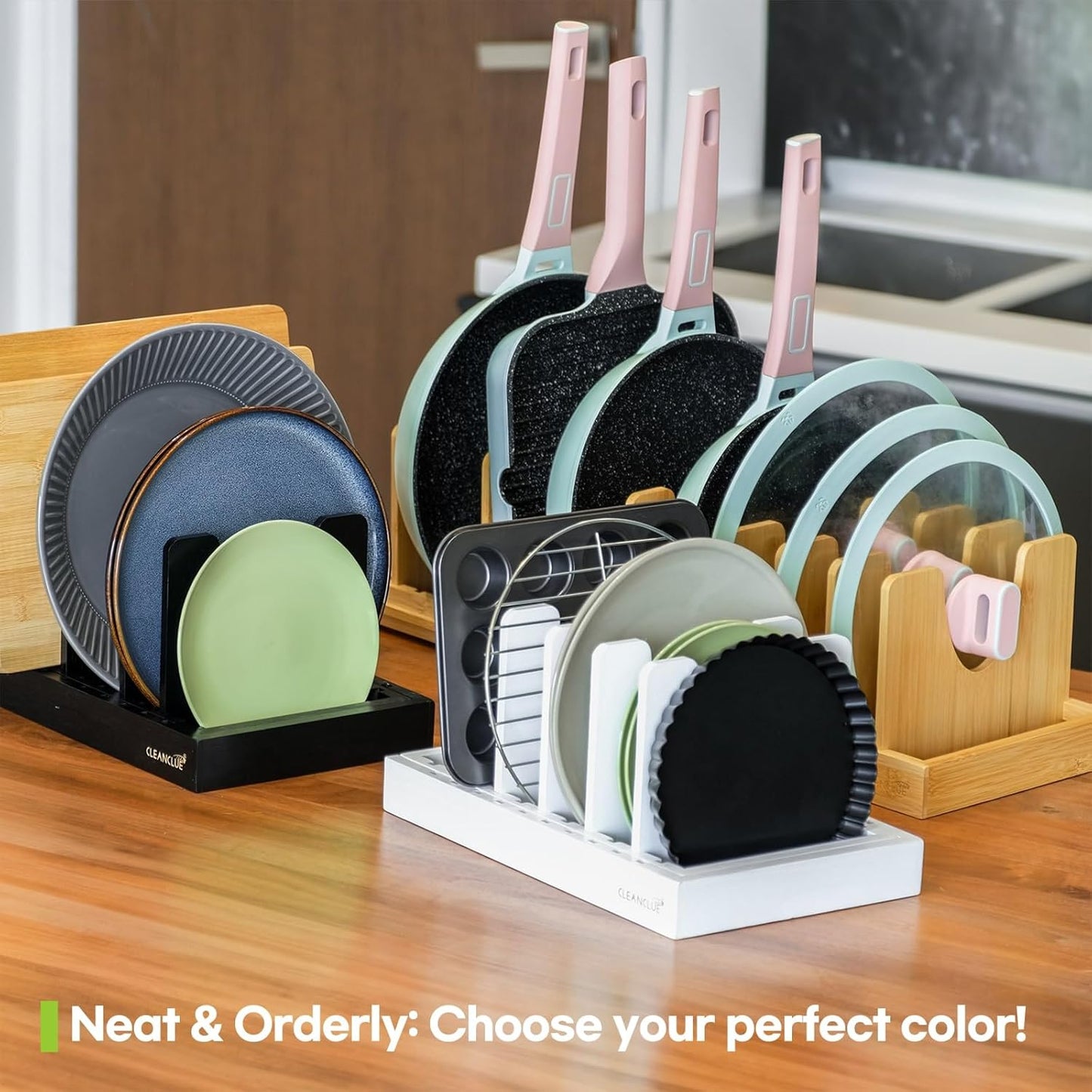 Pots and Pans Organizer under Cabinet, Bamboo Expandable Bakeware and Cutting Board Organizers