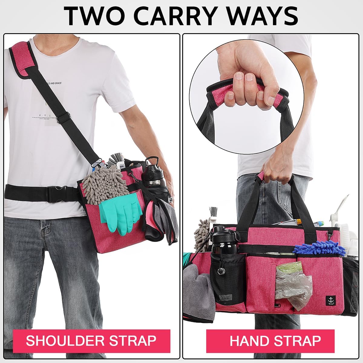 Large Cleaning Caddy Bag Built-in Sturdy Support Board, Cleaning Organizer with Detachable Divider