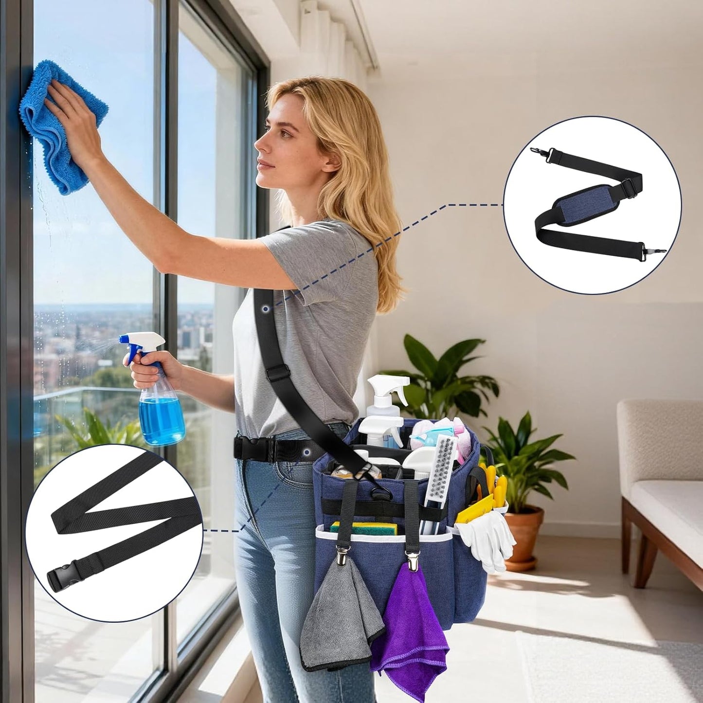 Wearable Cleaning Caddy Bag, Large Cleaning Supplies Organizer with 4 Foldable Dividers