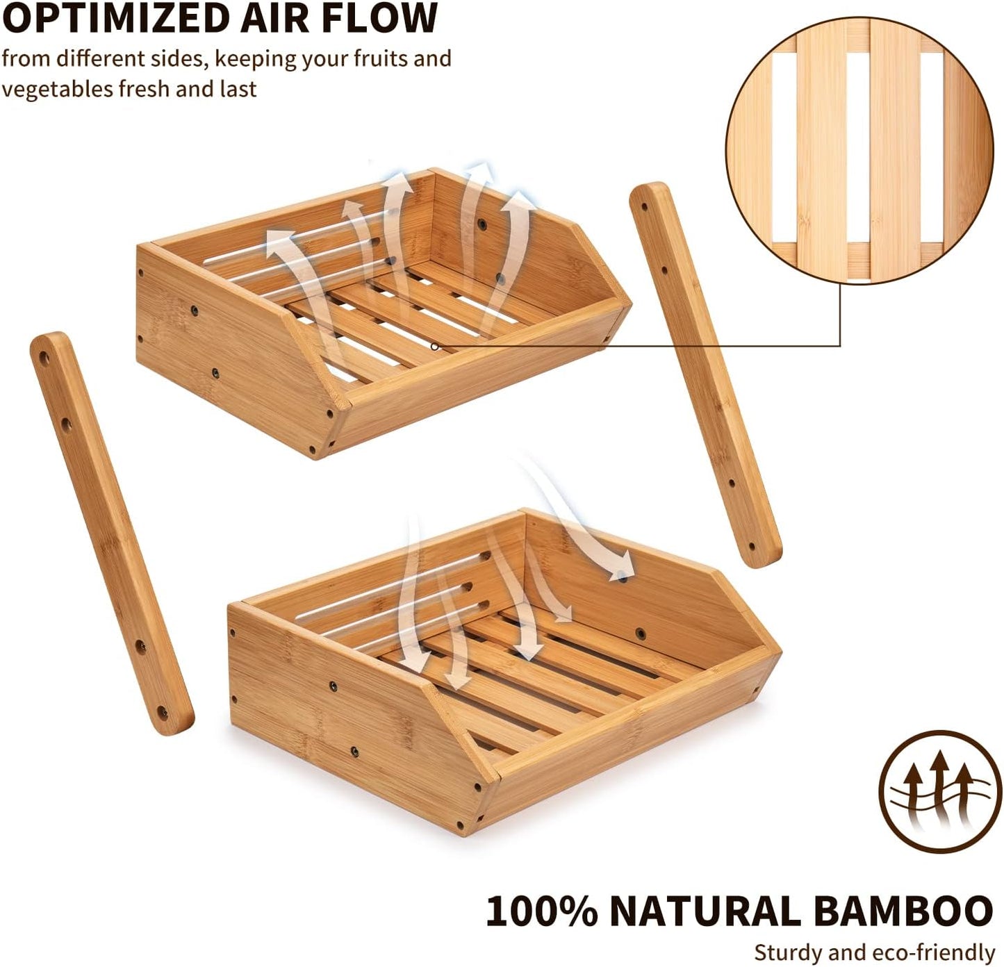2 Tier Fruit Basket For Kitchen- Bamboo Fruit and Vegetable Storage Bowl Stand For Kitchen Countertop, , Produce Basket Fruit Holder for Potato, Onion, Bread, Snack Storage