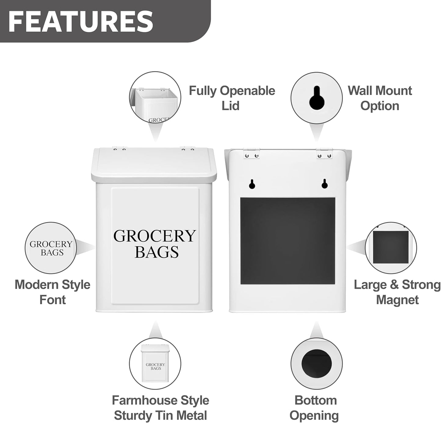 Modern Farmhouse Metal Magnetic Grocery Bags Holder for Plastic Bags with LId and Kitchen Organizer and Storage Wall Mount Grocery Bag Dispenser Space Saving, White