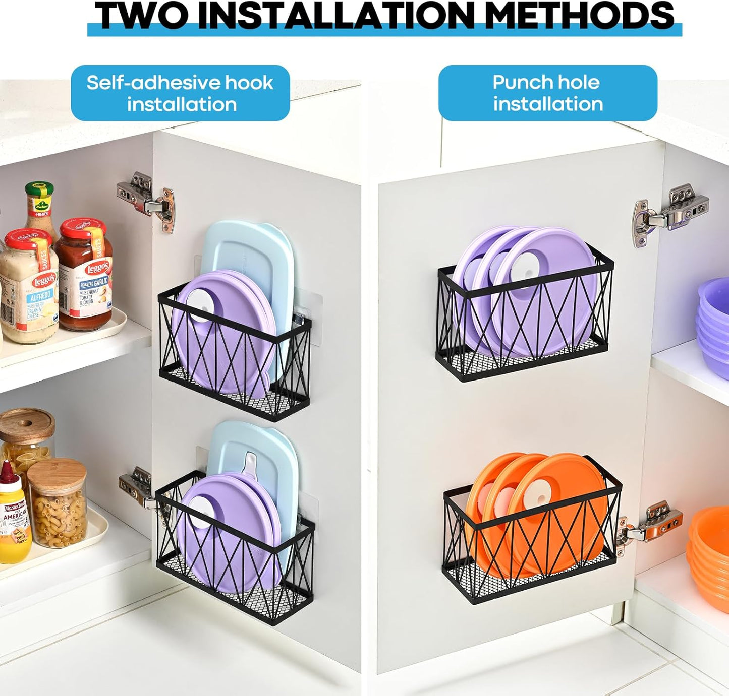 3 Pack Cabinet Organizer - Adhesive Lid Organizer Slim Space Wall Mounted Inside Cabinet Door Storage for Kitchen, Bathroom, Pantry, Under Sink