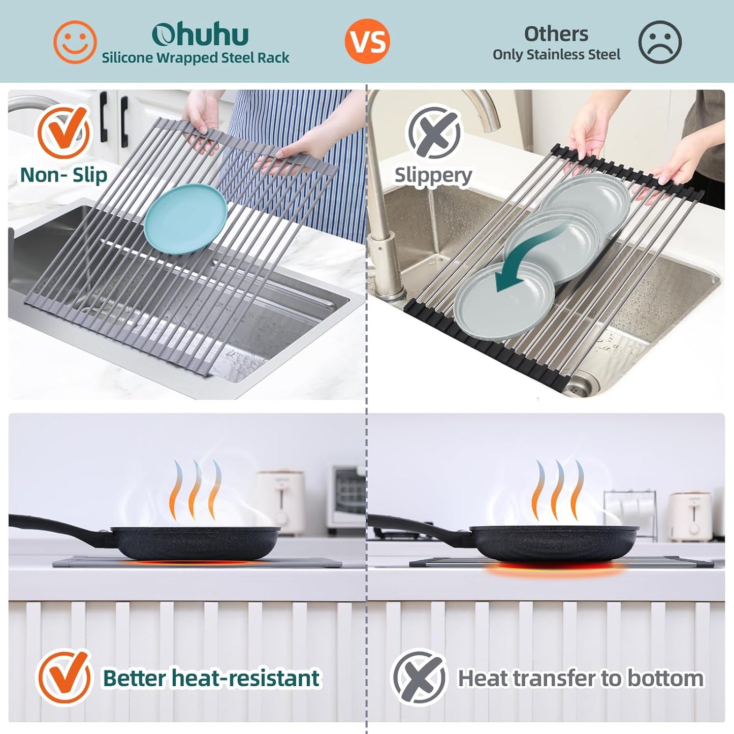 Over Sink Dish Drying Rack, Silicone Wrapped 17.6" W x 15.4" L Large Over The Sink Roll Up Dish Drainer - Foldable Sink Drying Rack Rolling Drain Mats Anti-Slip Multipurpose for Kitchen Counter