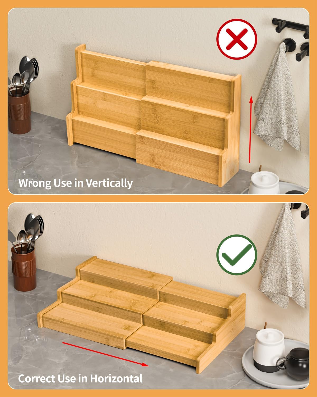 Spice Rack, 3-Tier Expandable Bamboo Spice Rack Organizer for Cabinet - Kitchen