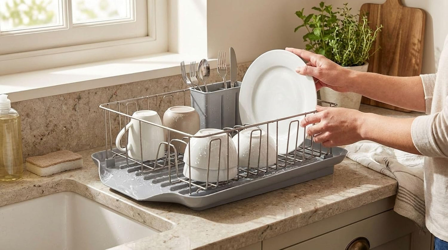 Classic 3-Piece Dish Drying Rack Set for Kitchen Counter, Gray - Rust-Resistant Wires