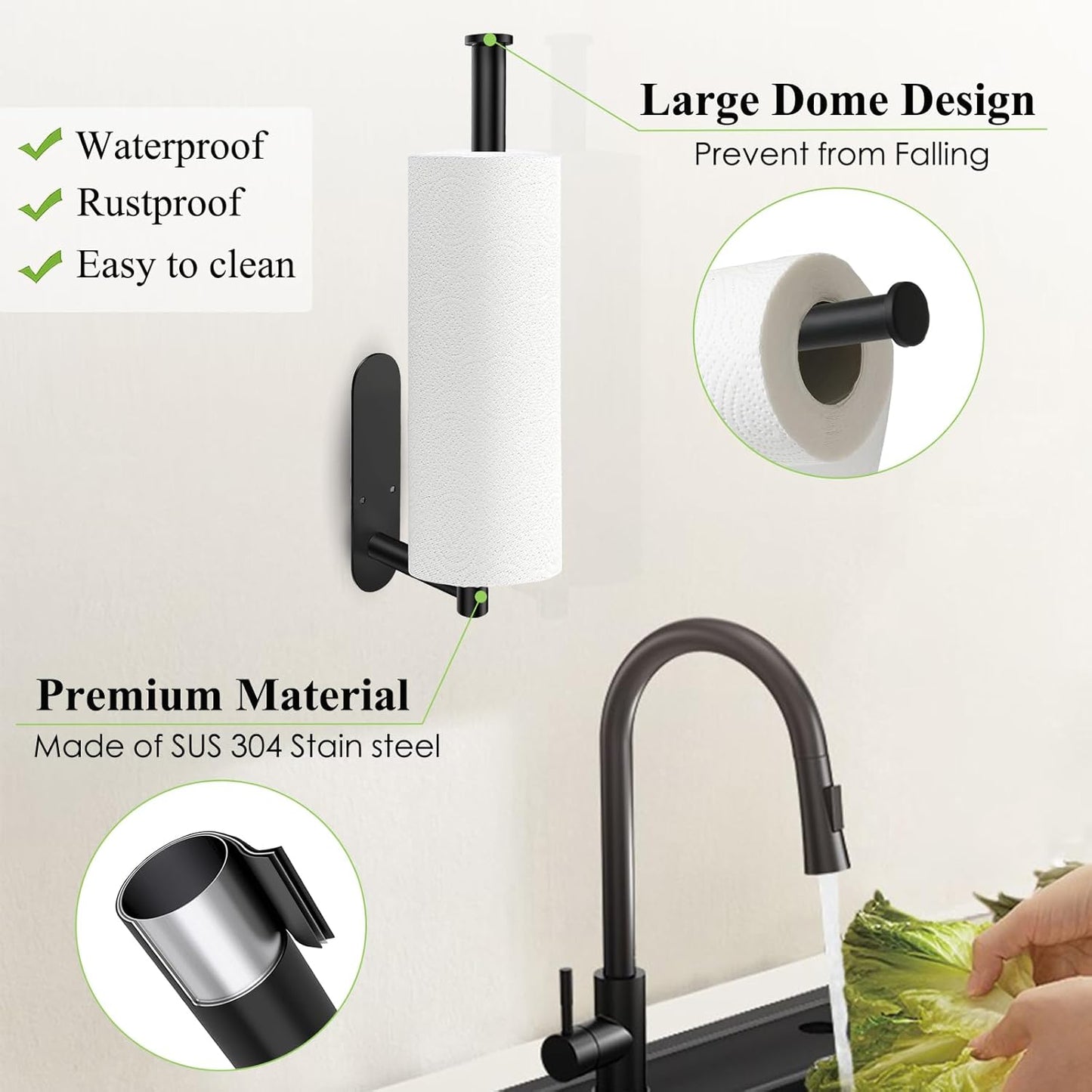Paper Towel Holder, Black Paper Towel Holder Under Cabinet, Self-Adhesive or Drilling