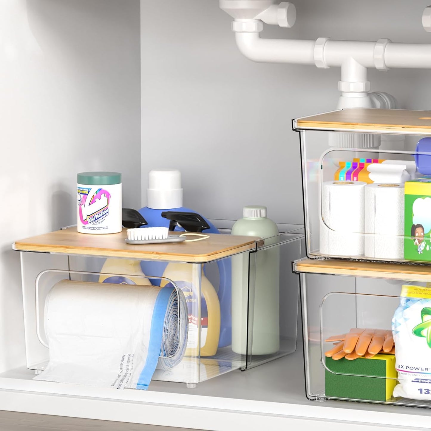 Trash Bag Dispenser Under Sink Organizer, 2-in-1 Acrylic Trash Bags Holder with Bamboo Lid