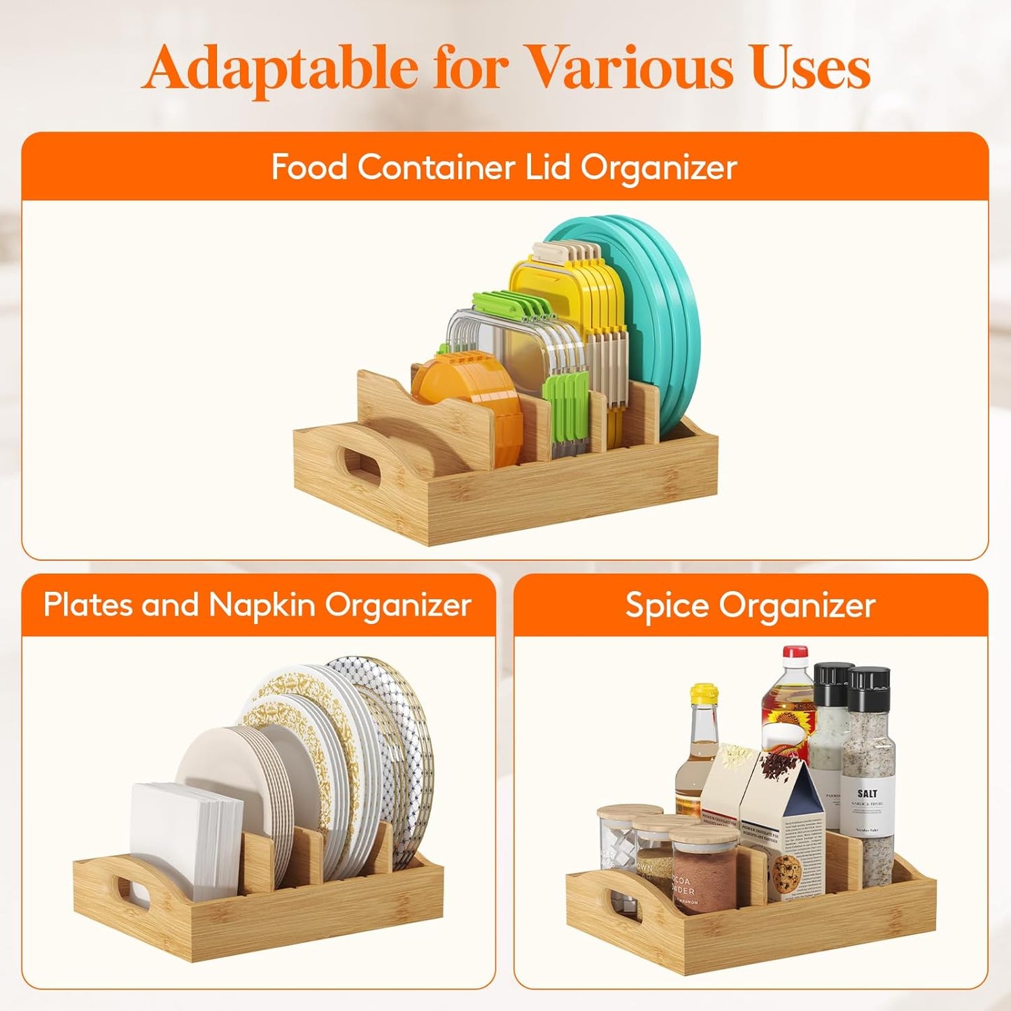 Bamboo Lid Organizers for Inside Cabinet, Food Storage Container Lid Holder with 4 adjustable Inserts & 5 Sections, Kitchen Pantry organizer and storage, 10.6" X 8.3"
