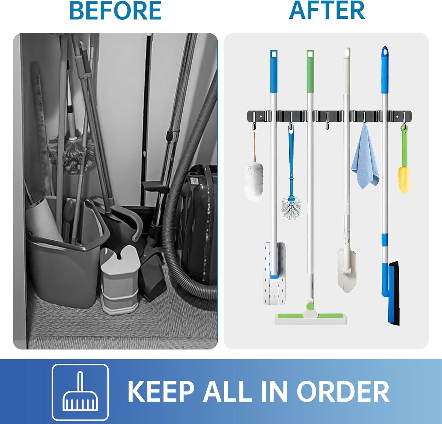 2 Pack Broom Holder Wall Mount, 4 Racks and 5 Hooks Mop Hanger Wall Mount Broom Organizer Stainless Steel Heavy Duty Garage Tool Racks for Home Kitchen Garden Laundry (Black)