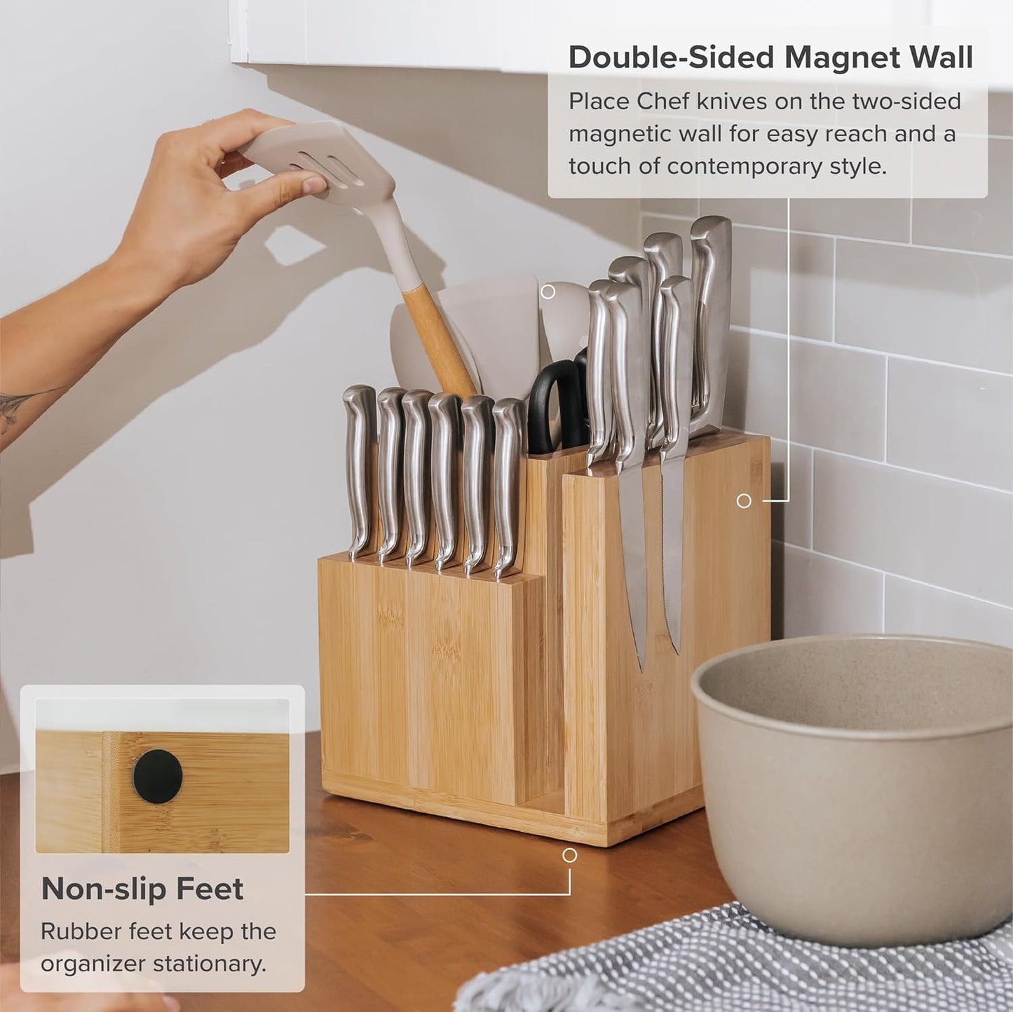 Bamboo Magnetic Knife Block and Cooking Utensil Holder, Sleek Storage for Chefs Knives