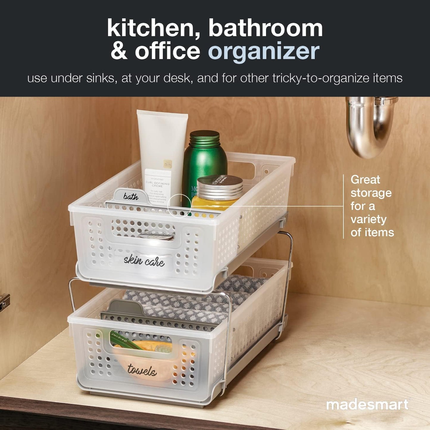 2 Tier Bath Organizer, Undersink Storage with Sliding Drawers, for Cleaning Supplies, Pantry