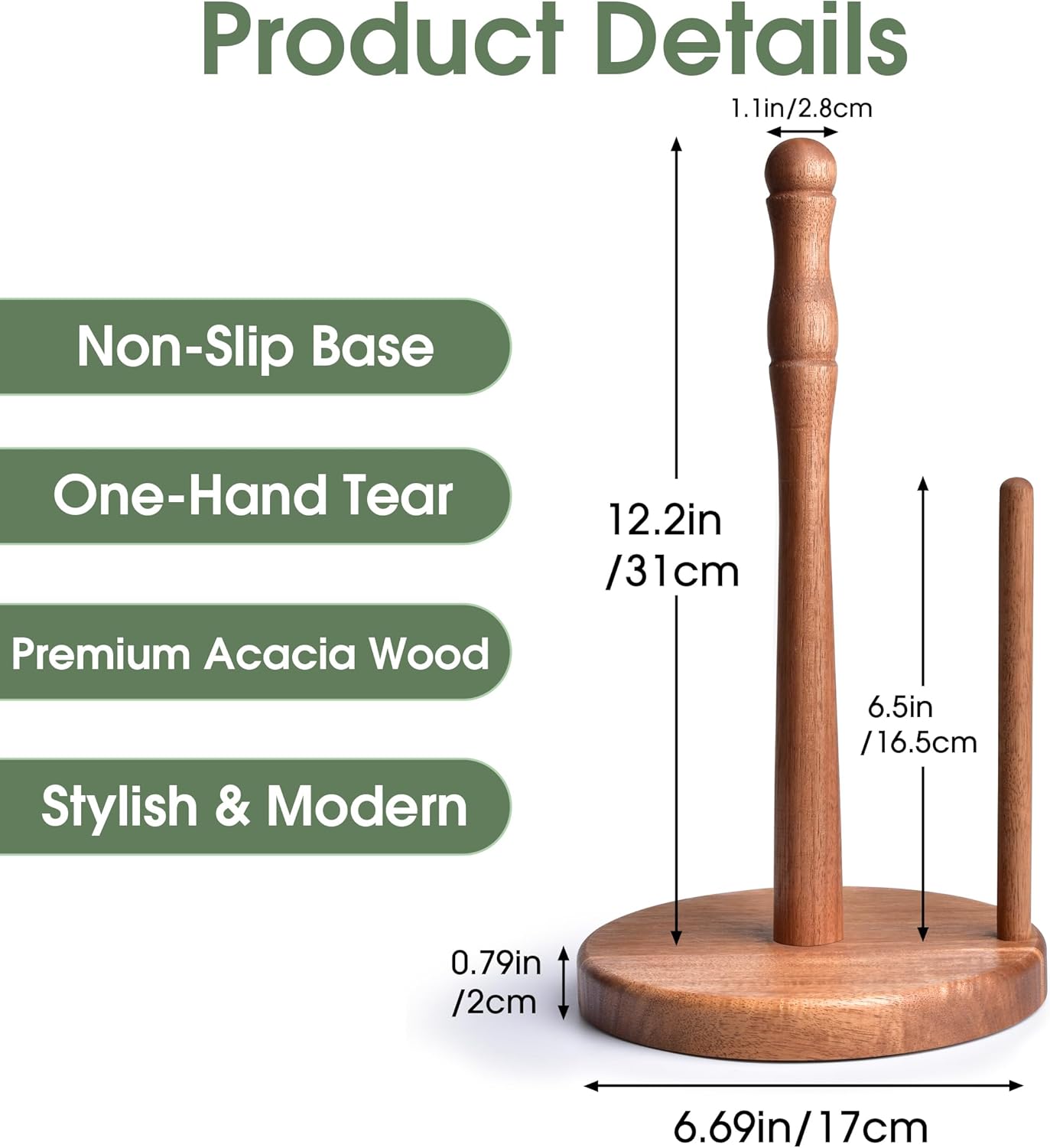 Farmhouse Acacia Wood Paper Towel Holder Countertop, Weighted Base for Kitchen & Bathroom