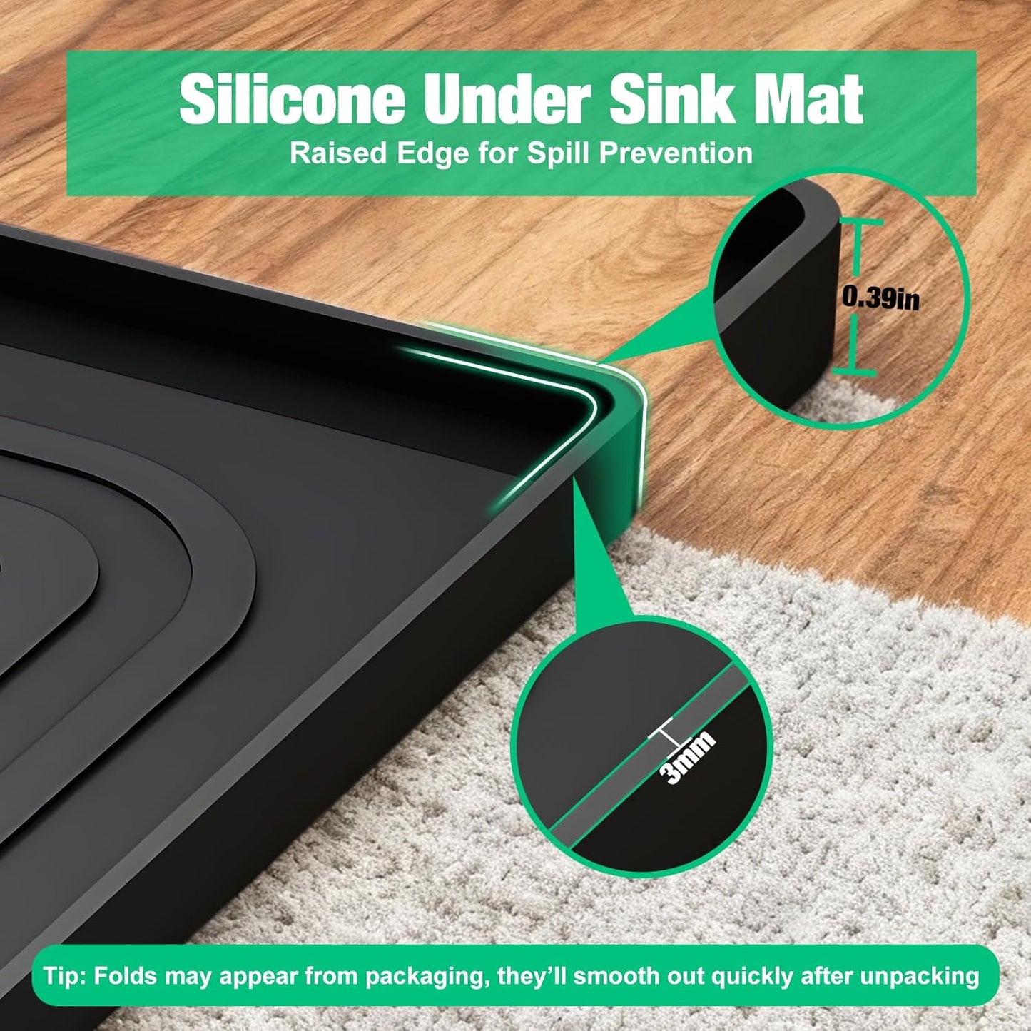 Under Sink Mat 34" X 22", Waterproof Silicone Cabinet Organizer Protector with Raised Edge
