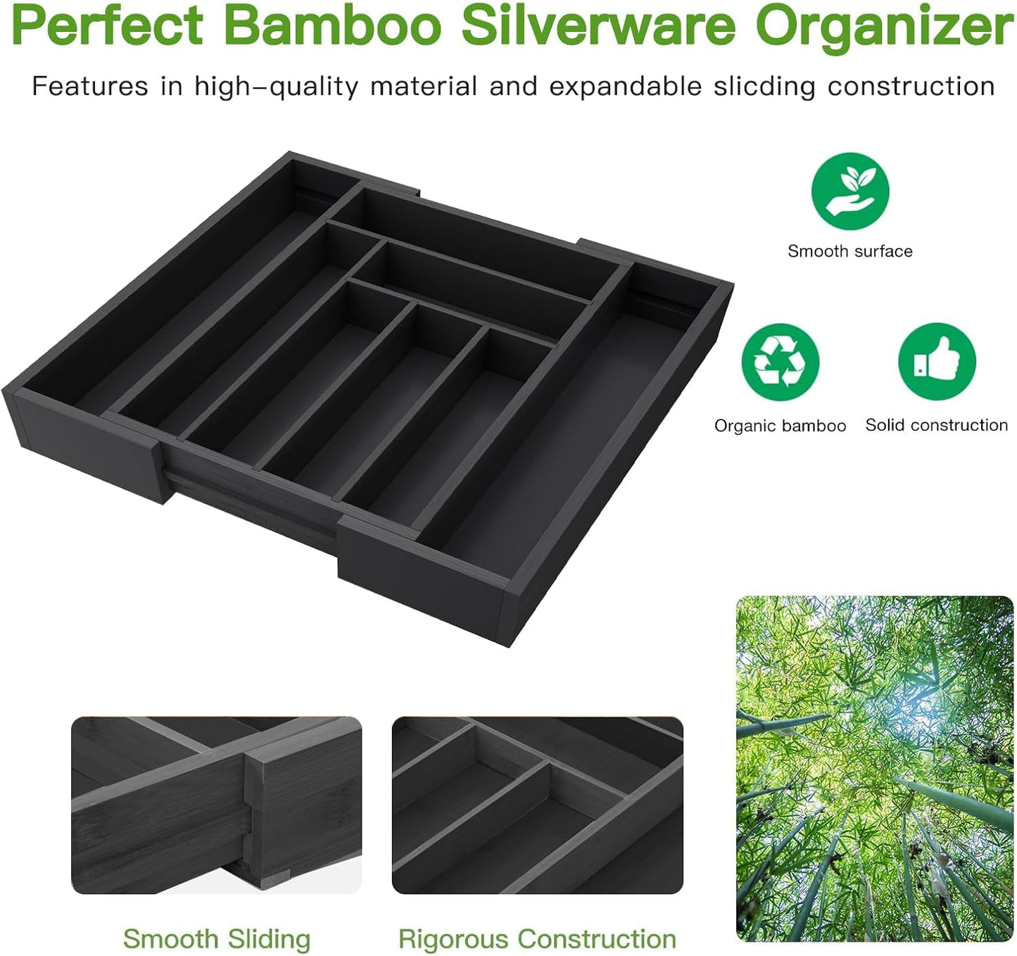 Bamboo Expandable Drawer Organizer for Utensils Holder, Adjustable Cutlery Tray