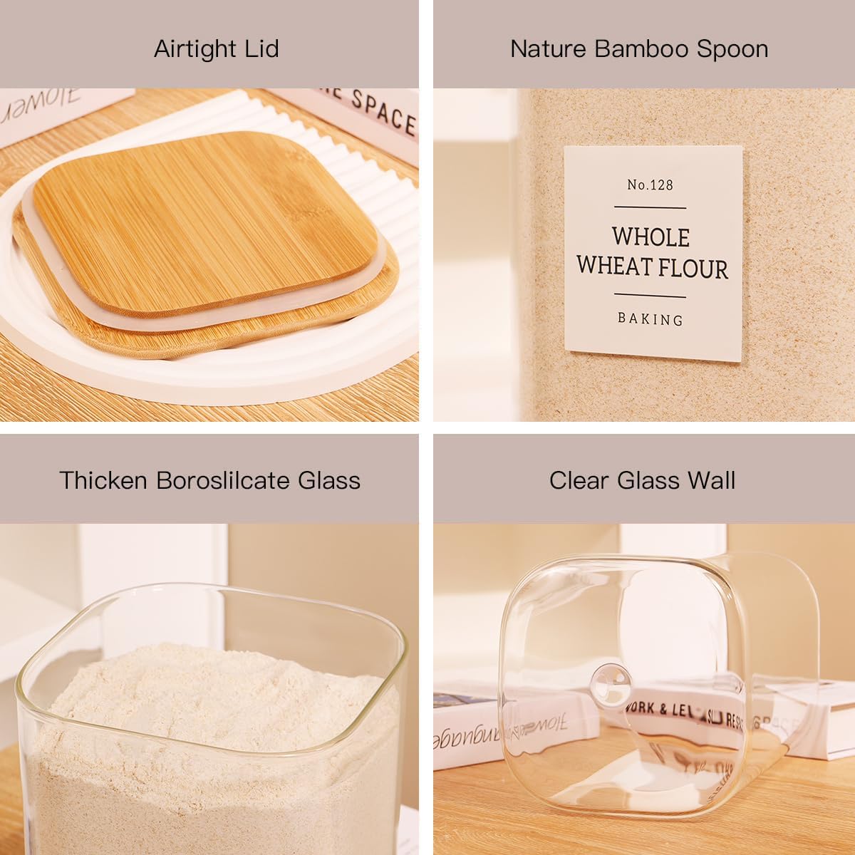 2 Pack large Square Glass Flour and Sugar Containers with 132 Kitchen Pantry Labels