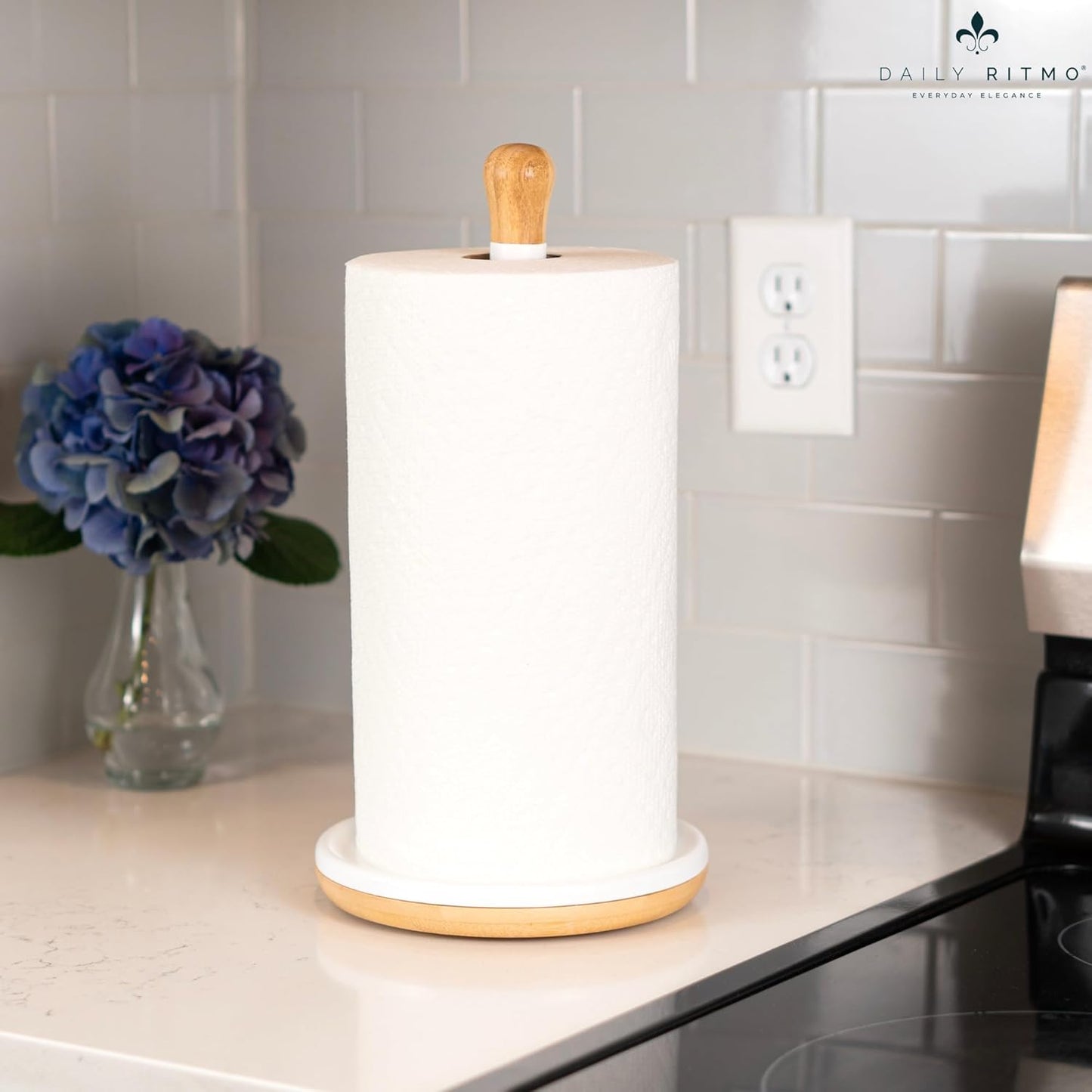 DAILY RITMO® White Countertop Papertowel Holder | Aesthetic Resin Marble & Ceramic Like with Modern Bamboo Wooden Weighted Base & Wood Top