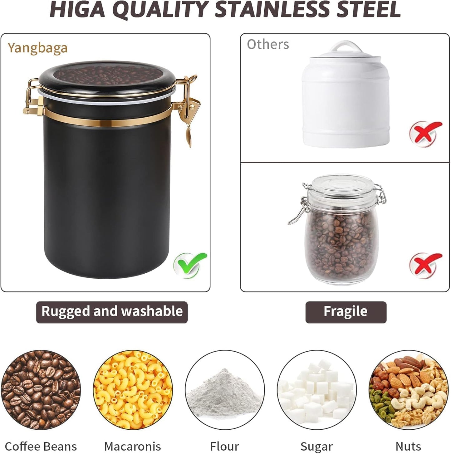 304 Stainless Steel Coffee Canisters for Ground Coffee,3 x 63 OZ Coffee Container with Shelf Coffee Bean Storage, Food Storage Jar with Gold Airtight Locking Clamp and Spoon for Kitchen