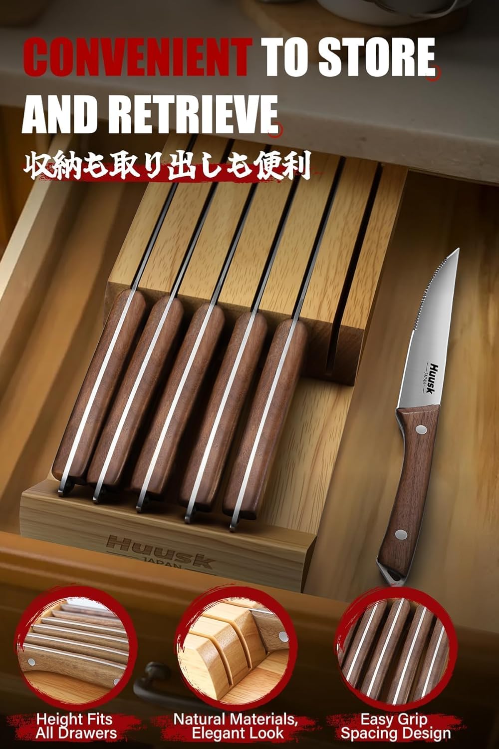 Steak Knives Set of 6 with Drawer Organizer-4.5 in Japanese Serrated Steak Knife Set with Block