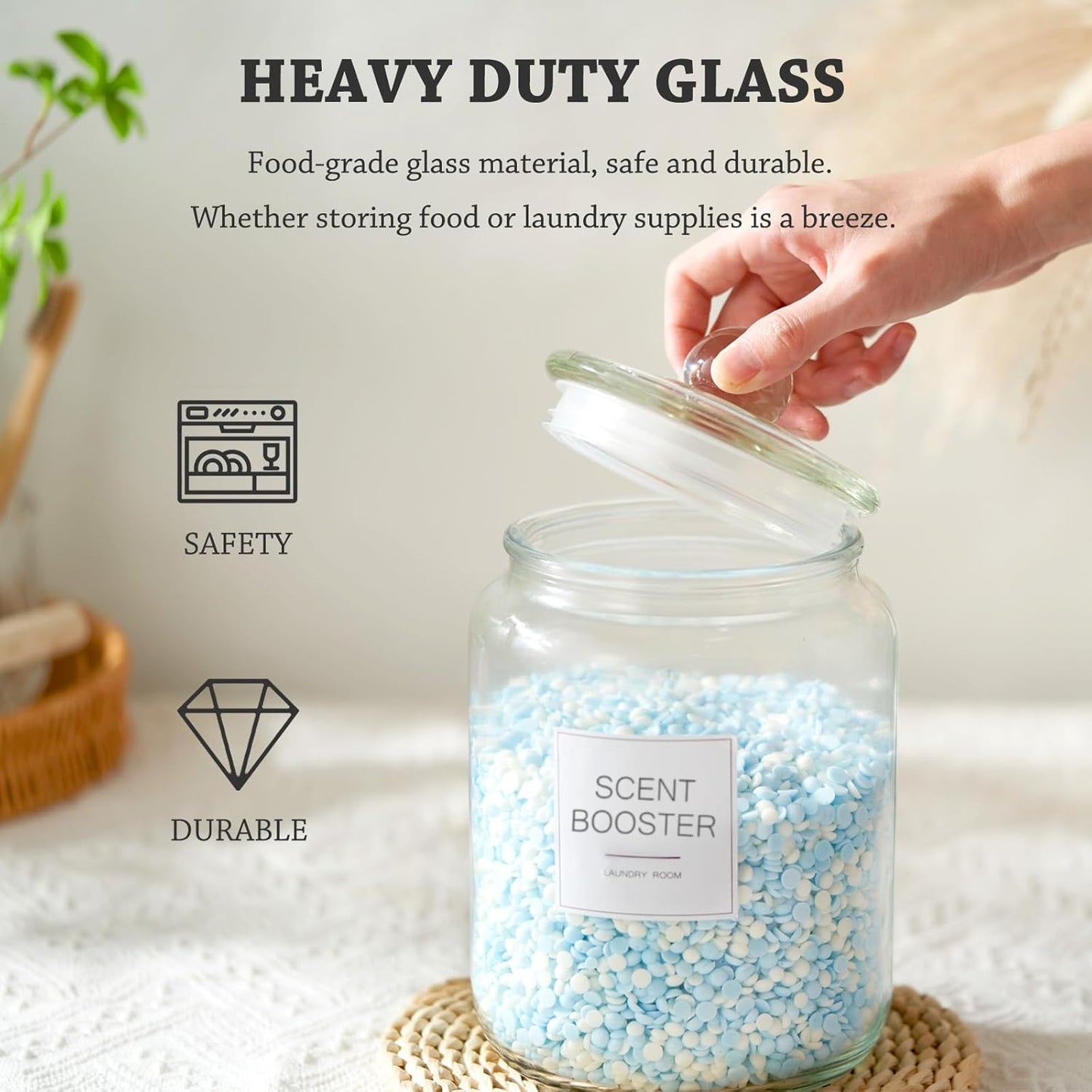 Half Gallon Glass Jars - Large Airtight Containers with Scoop and Labels for Organization and Storage Laundry, Bath Room, Kitchen and Pantry Holder