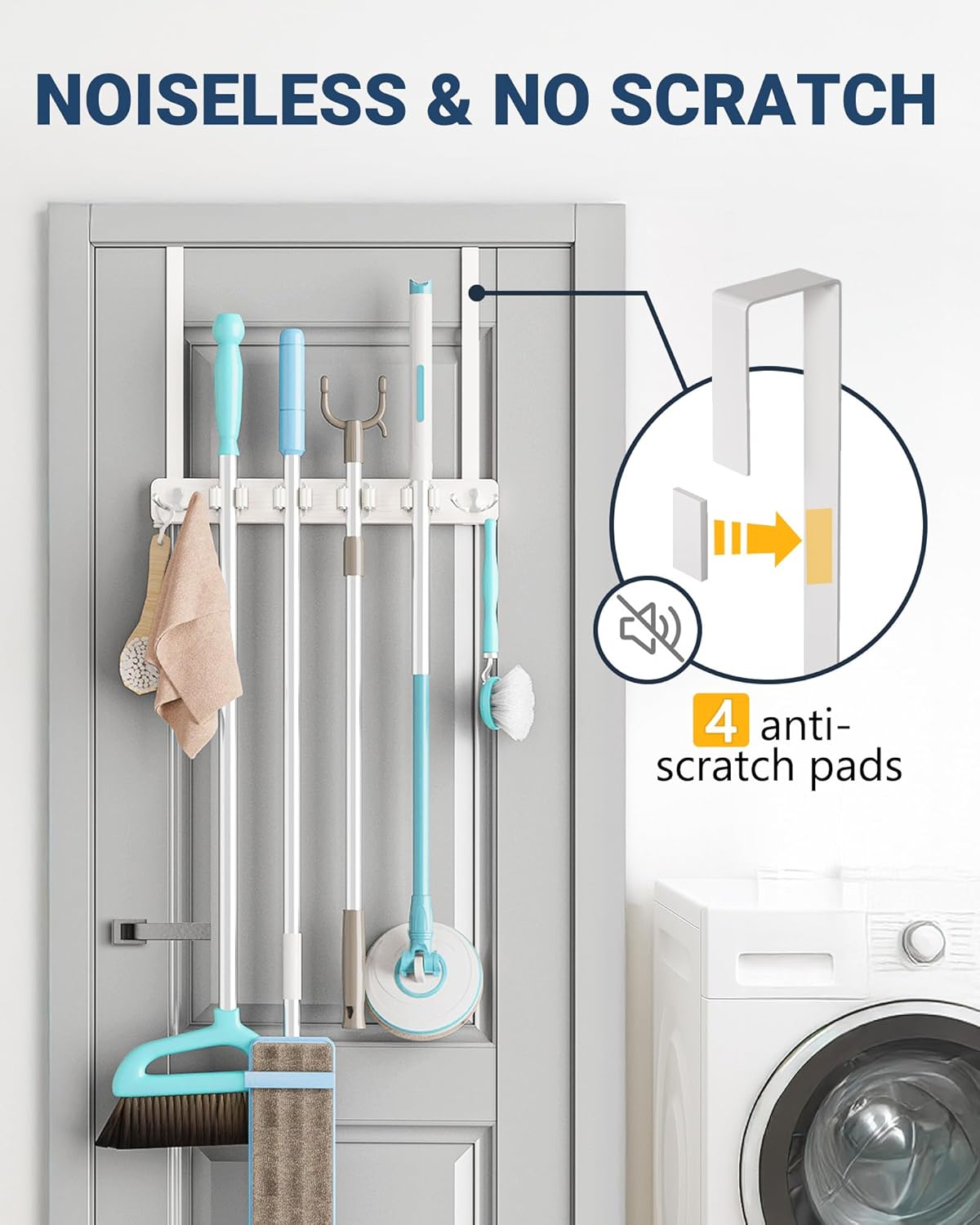 Broom Holder Door Mount, Over the Door Broom and Mop Holder with 2 Over Door Hooks