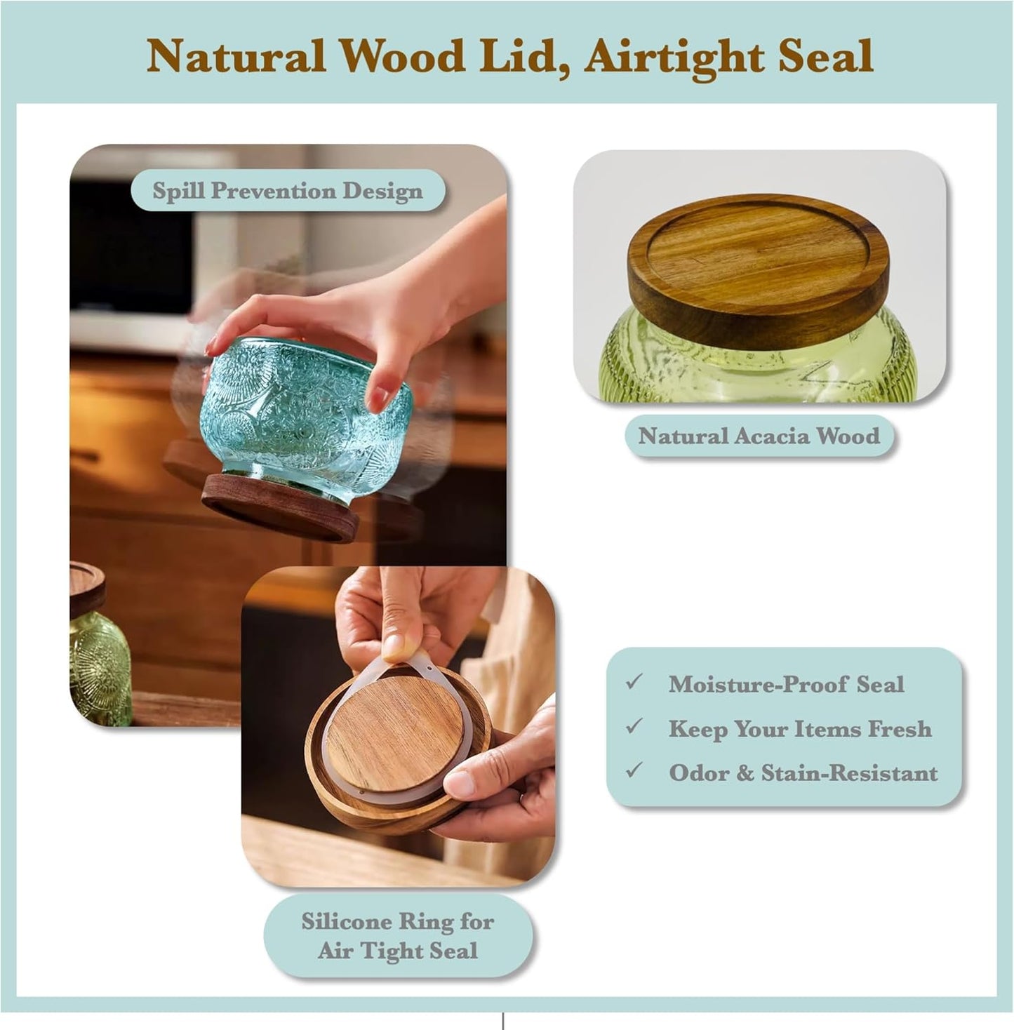 Decorative Blue Glass Storage Jar 25.4oz with Airtight Wood Lid Kitchen Canister for Coffee, Sugar