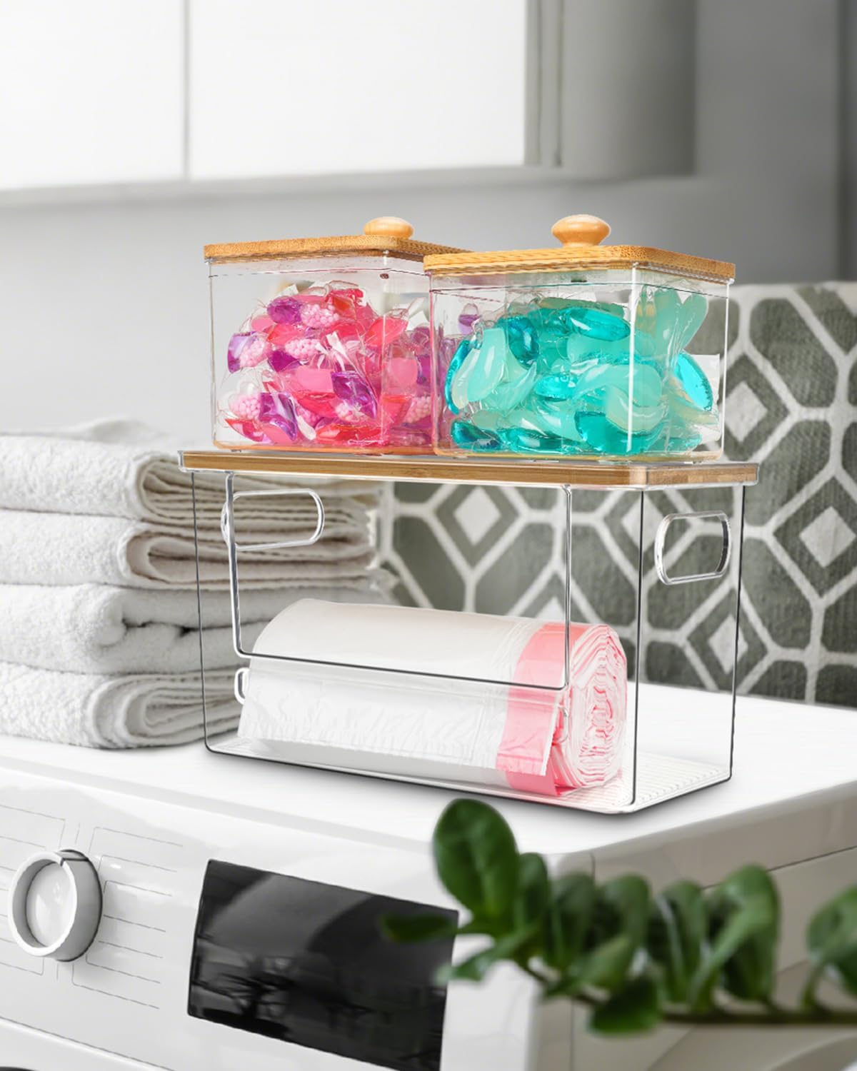 Trash Bag Dispenser 2 Pack, Stackable Acrylic Garbage Bags Dispenser with Bamboo Lid