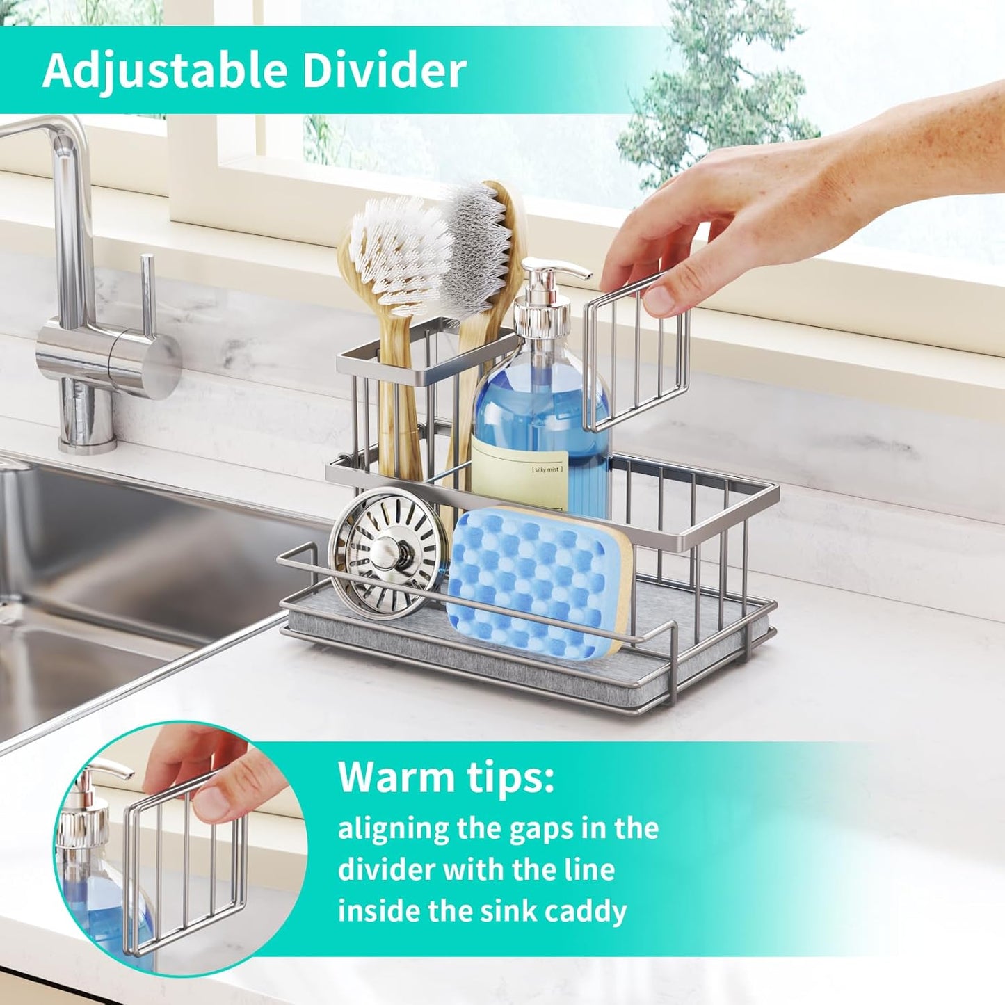 Sink Caddy Sponge Holder - Kitchen Sink Organizer with Instant Drying Stone and Brush Holder