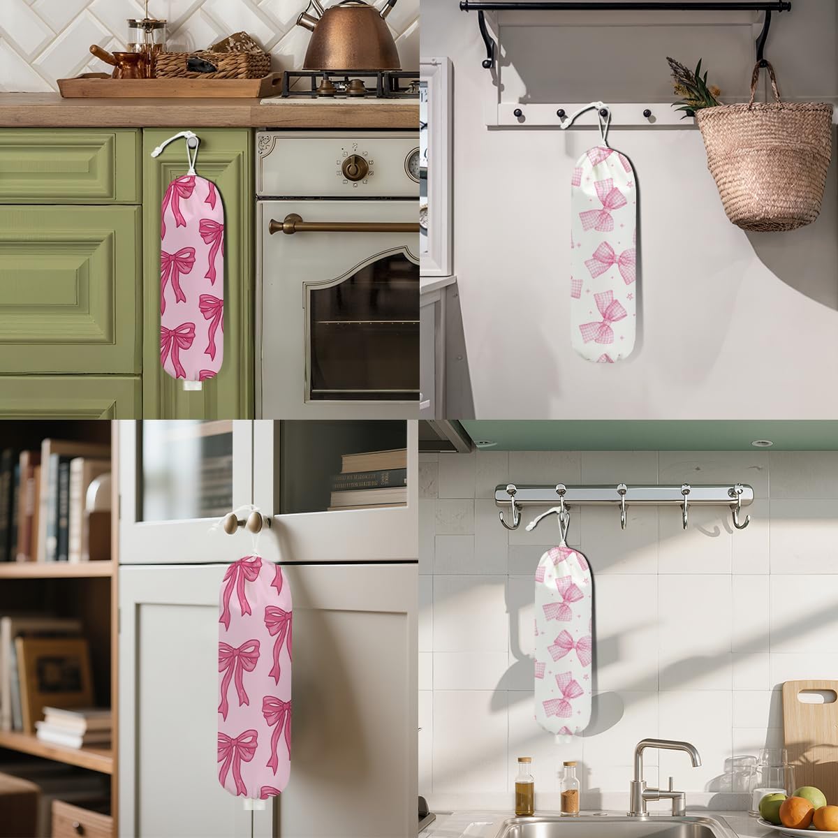 2Pcs Pink Bow Plastic Bag Holder, Wall Mount Grocery Bag Holder, Plastic Bags Organizer