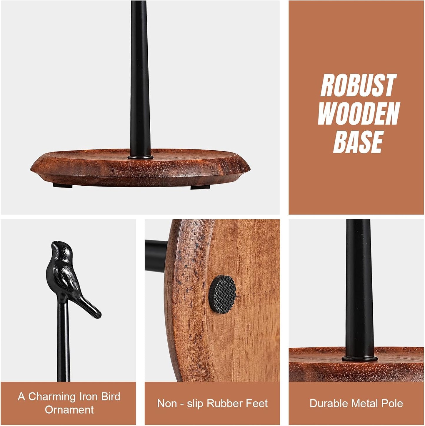 Wooden Paper Towel Holder countertop, Stylish Bird Shaped,Solid Wood Base&Iron Top