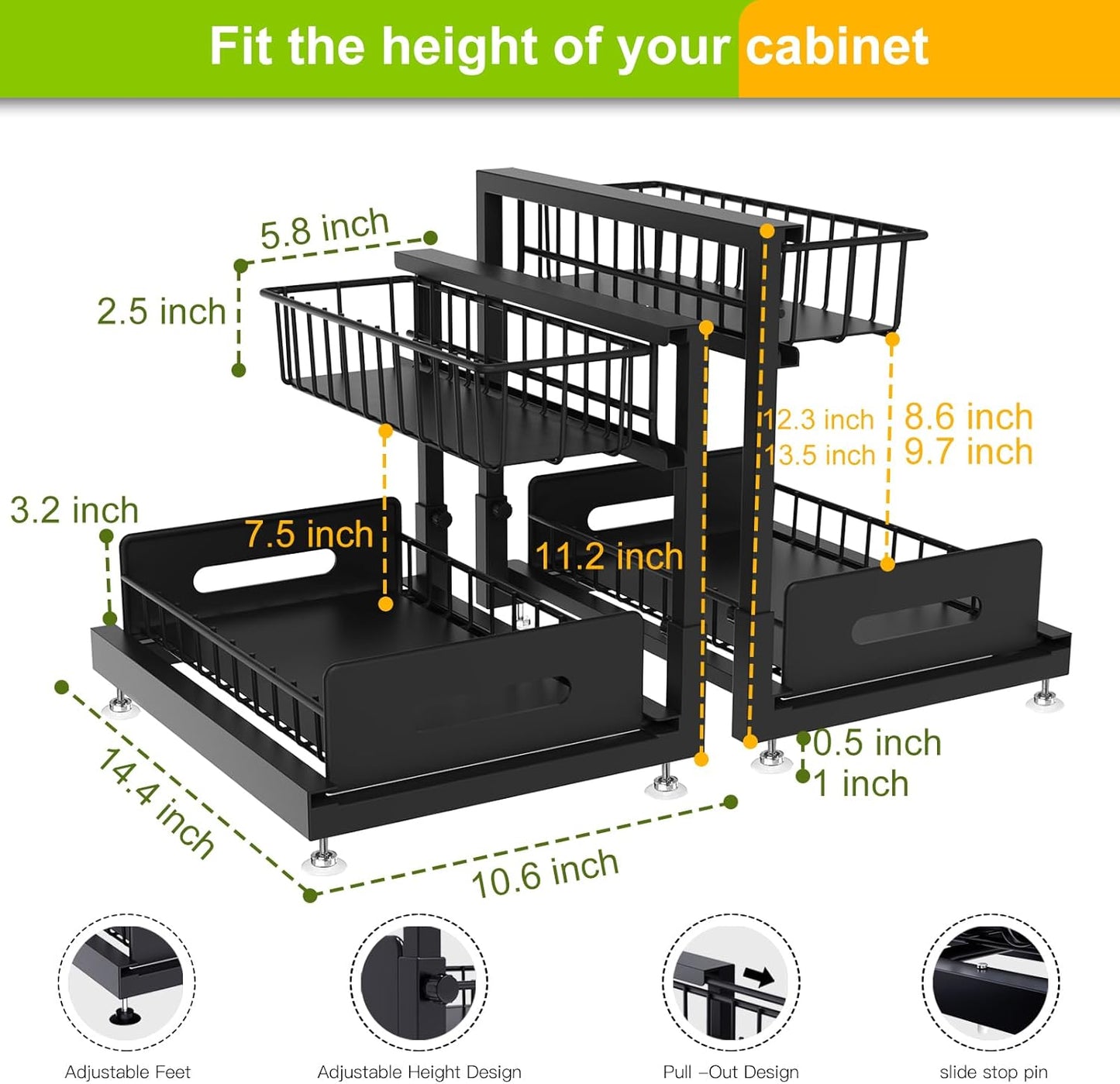 2 Pack Under Sink Organizer,Pull Out Cabinet Organizer 2 Tier Slide Out Sink Shelf Cabinet Organizer and Storage,Adjustable Under Counter Organizers for Under Kitchen Bathroom Organization