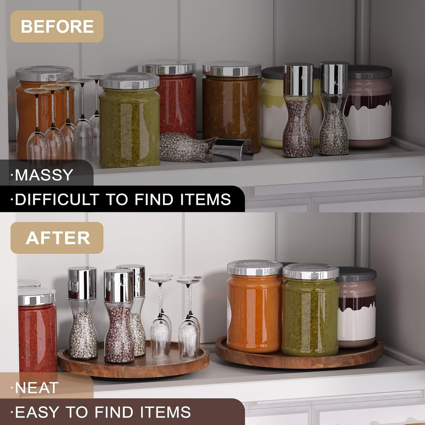 Lazy Susan Organizer for Kitchen,Acacia Wood Turntable for Cabinet, Pantry, Table, Countertop