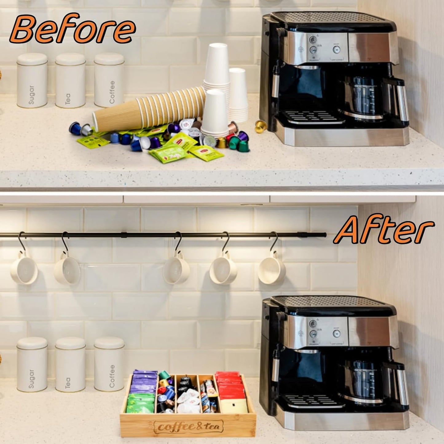 2 Pack K Cup Holder for Drawers, Bamboo Tea Bag Organizer with Adjustable Dividers