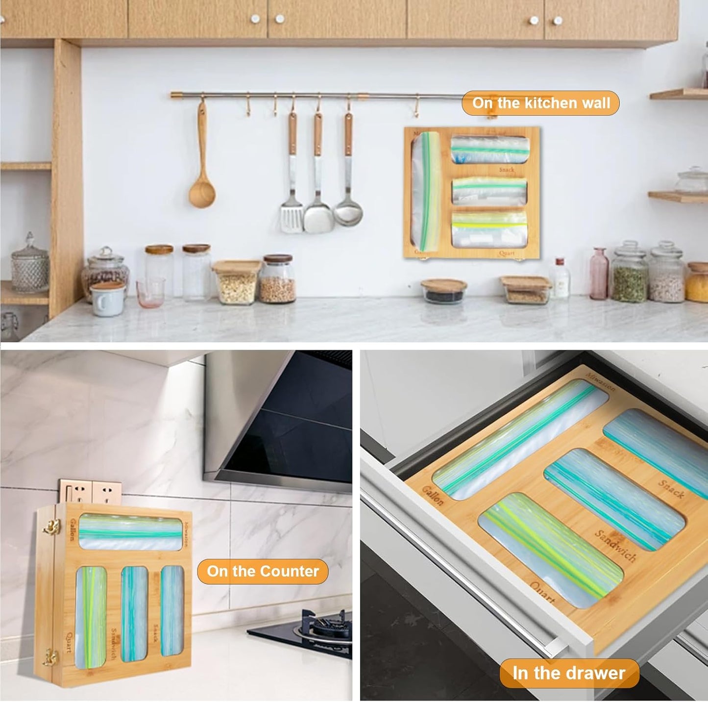 Bamboo Food Bag Organizer for Kitchen Drawer